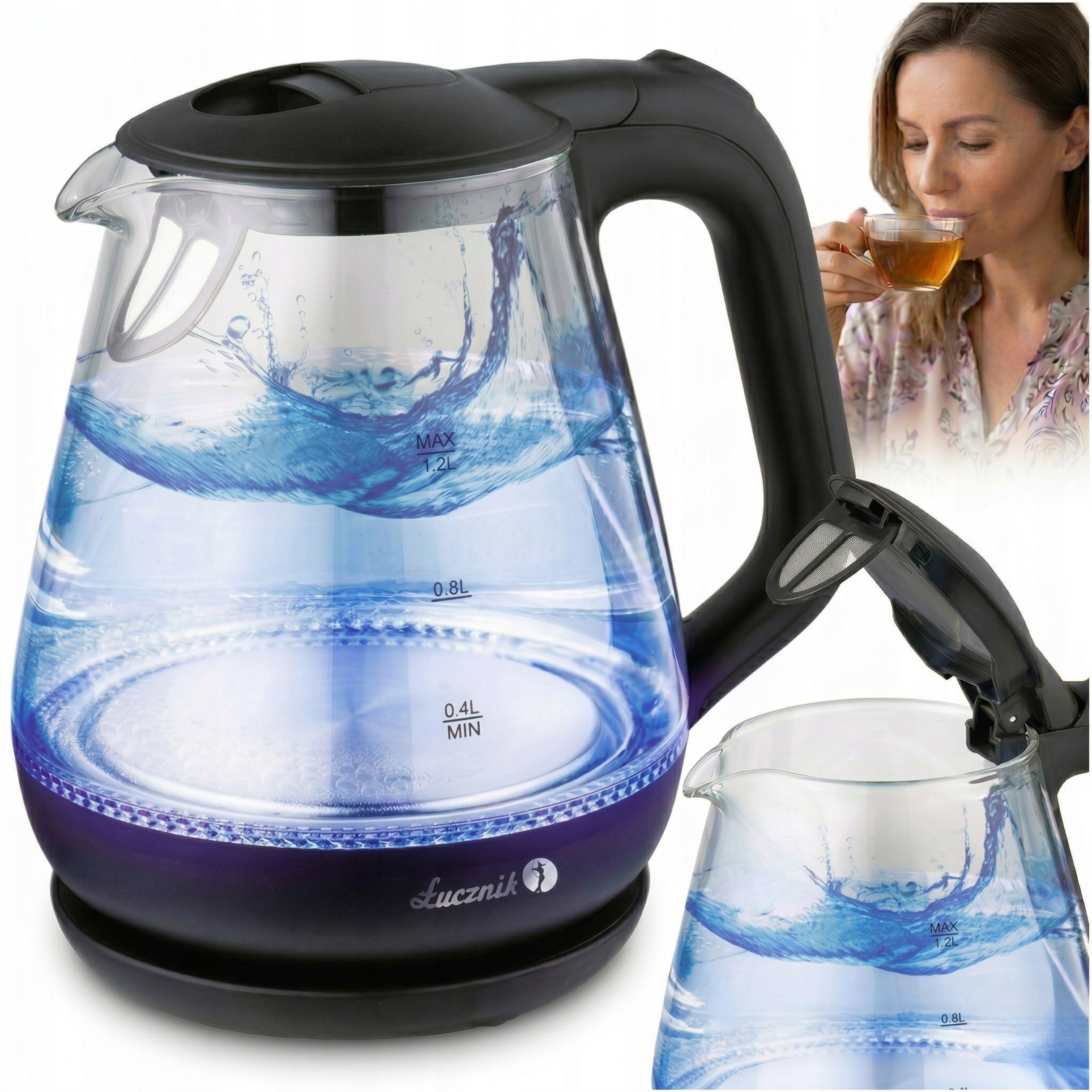 Electric Kettle Glass Small Tourist ŁUCZNIK 1,2L 1630W LED Black