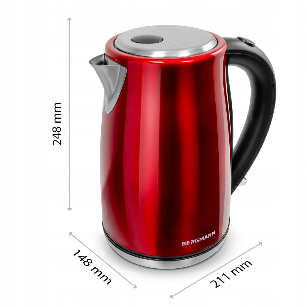 Electric Kettle Stainless Steel BERGMANN 1,7L 2200W Red Brand Bergmann