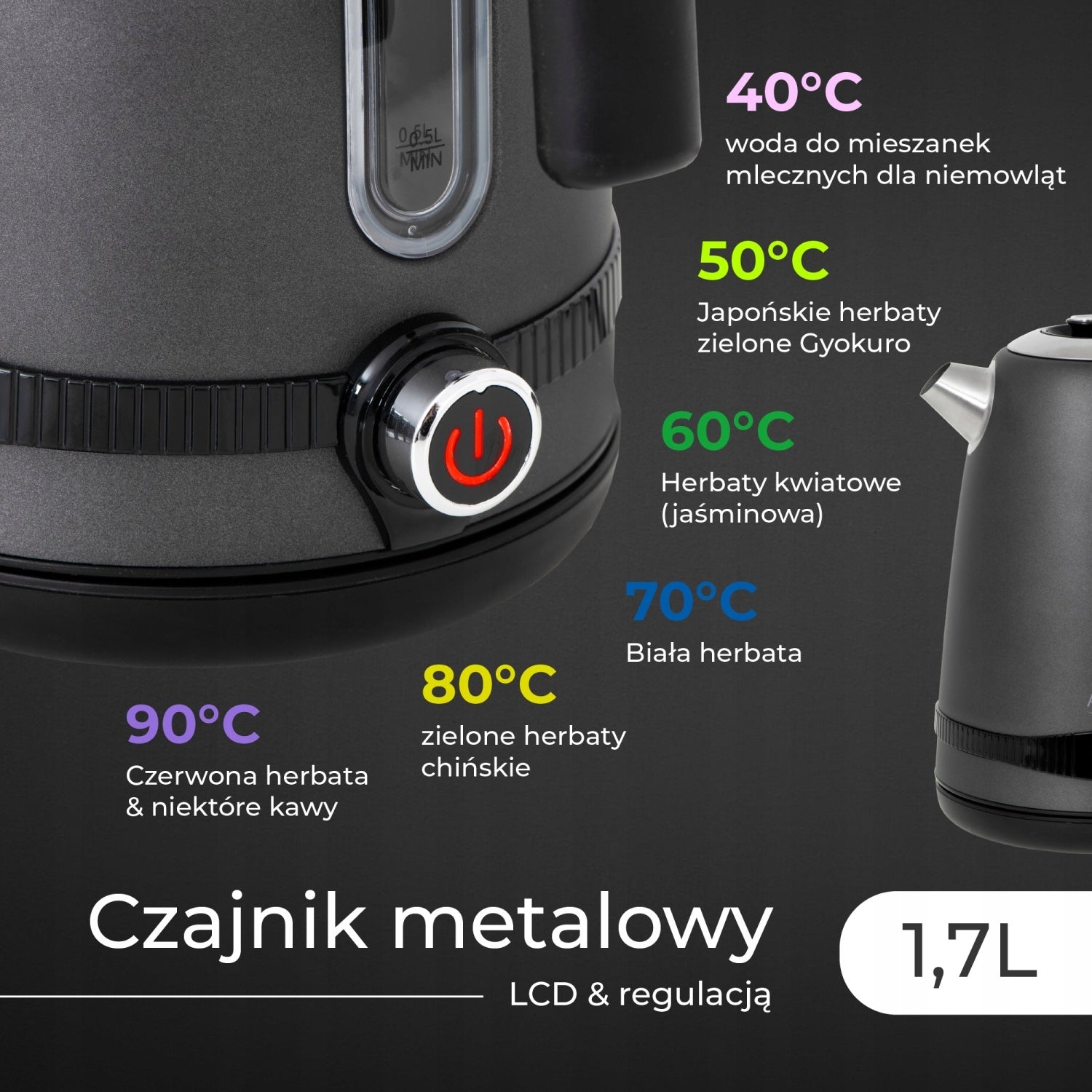 Electric Metal Kettle with Temperature Control LCD Grey 1.7L STRIX Dominant color silver/gray