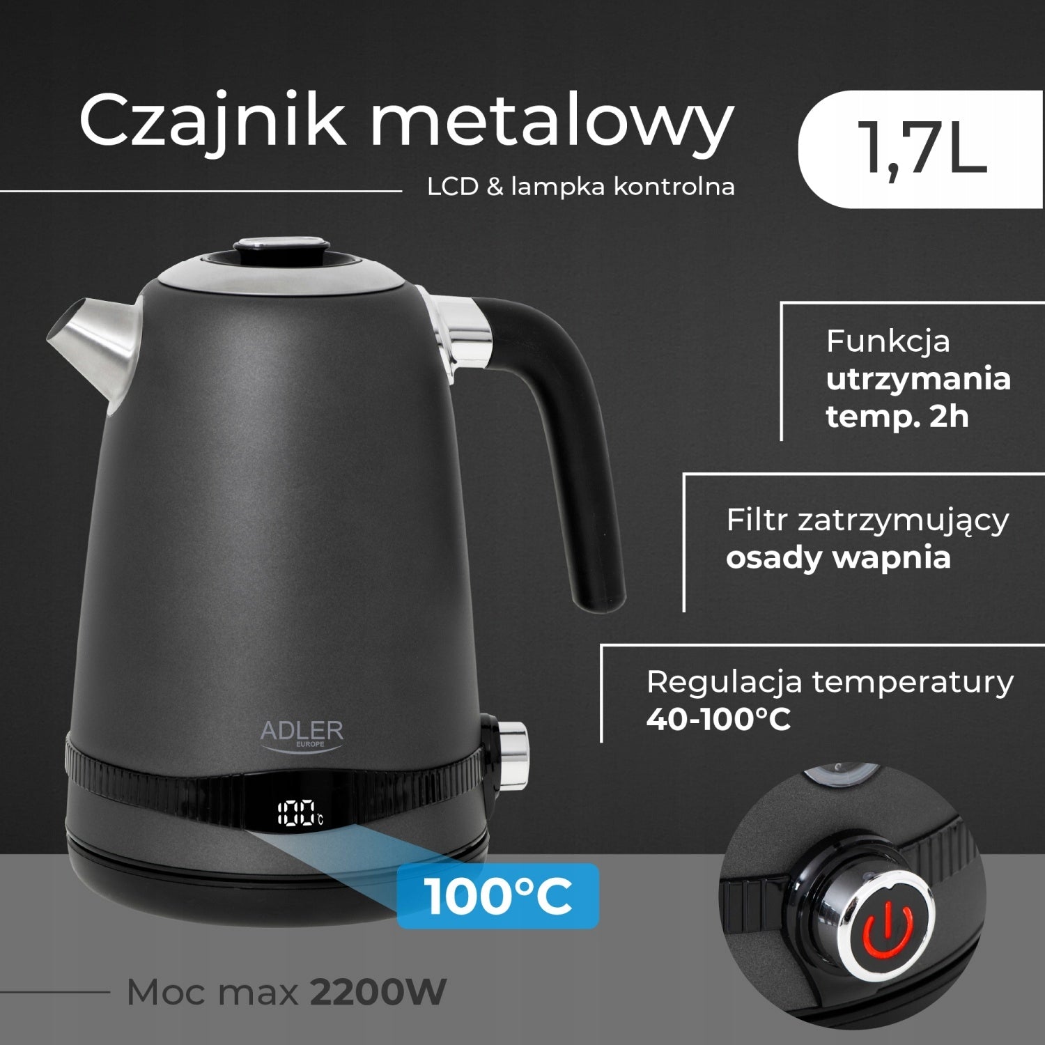 Electric Metal Kettle with Temperature Control LCD Grey 1.7L STRIX Power 2200 W