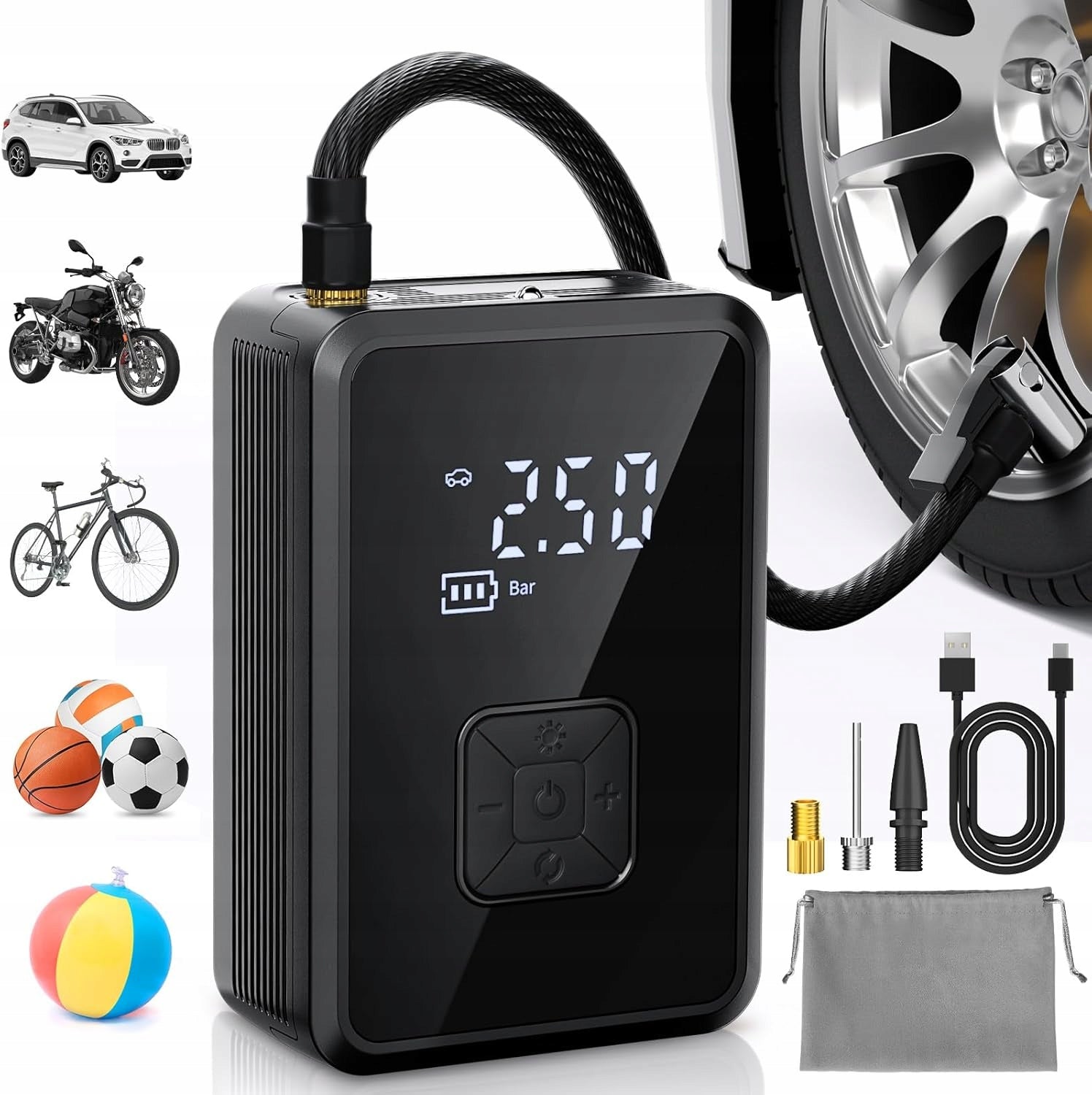 Electric Pump Mini Bicycle Compressor Flashlight Powerbank 4000mAh 150PSI