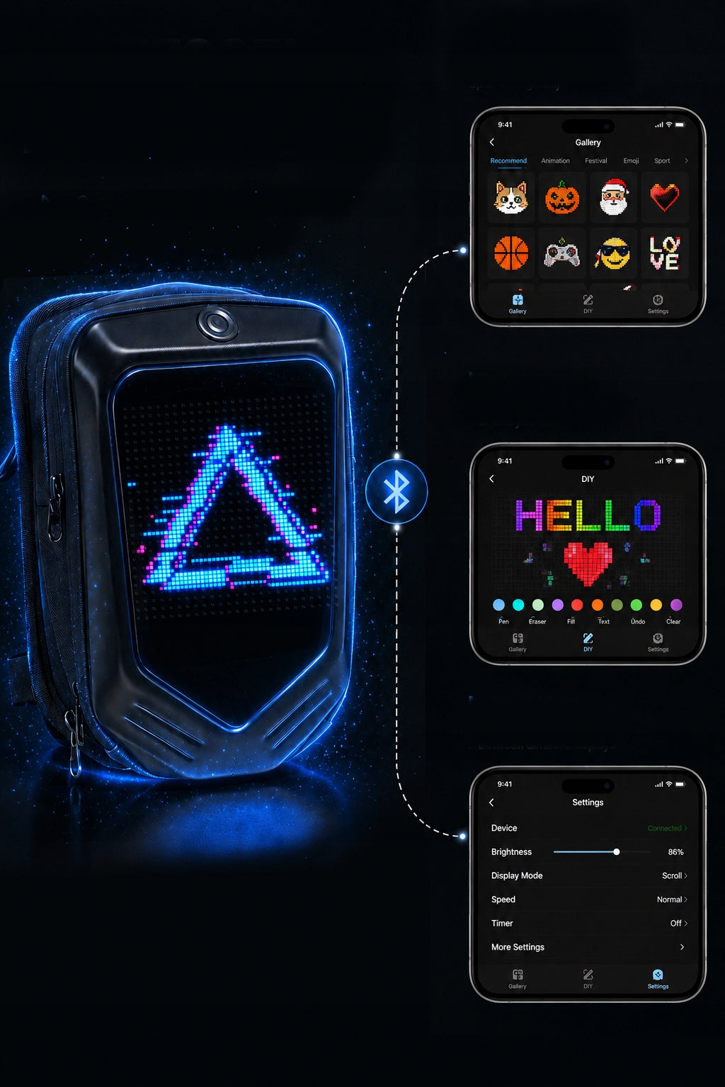 Electric Scooter Bag LED Devil Eyes Bluetooth APP Pixel Display Color black