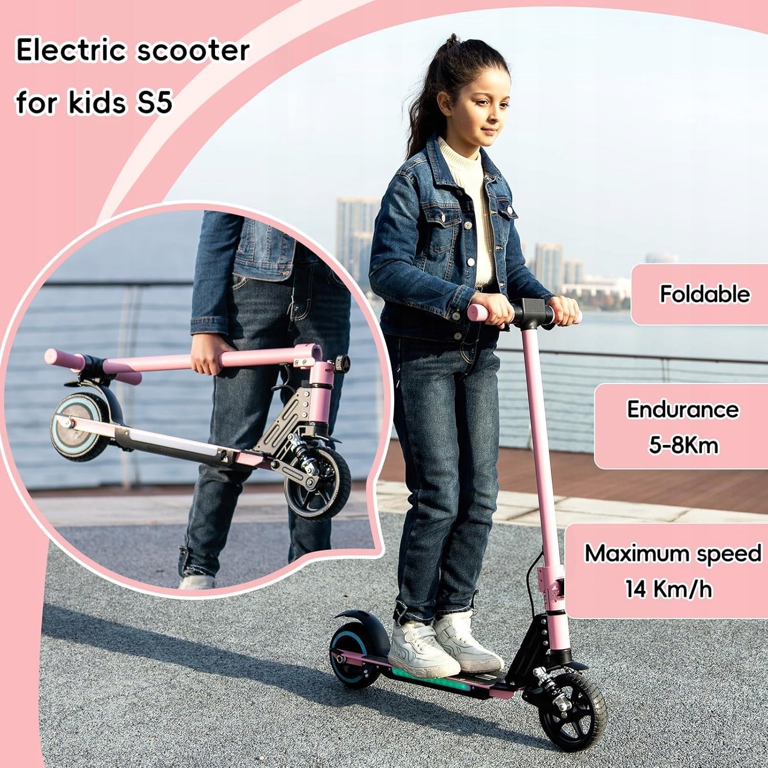 Electric Scooter Children 14KM/H LED 130W Folding Shock Absorption Pink EAN (GTIN) 9331506252466