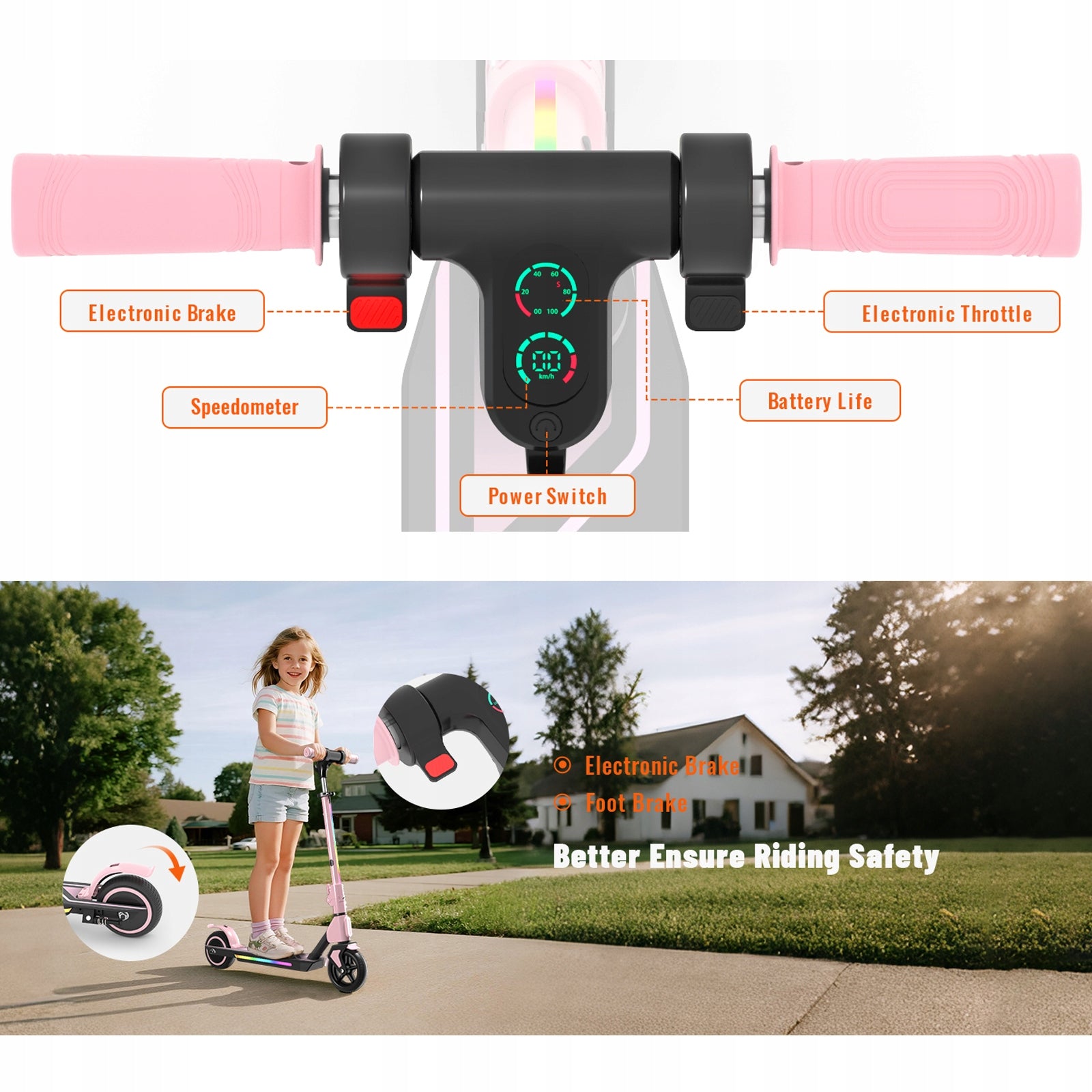 Electric Scooter Children 3-12 Years 130W 6,5" Folding LED Lights Pink Color pink