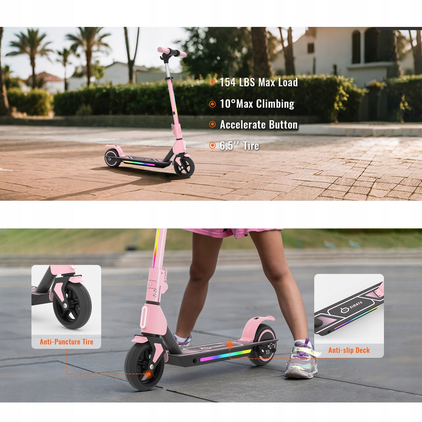 Electric Scooter Children 3-12 Years 130W 6,5" Folding LED Lights Pink Weight 8 kg