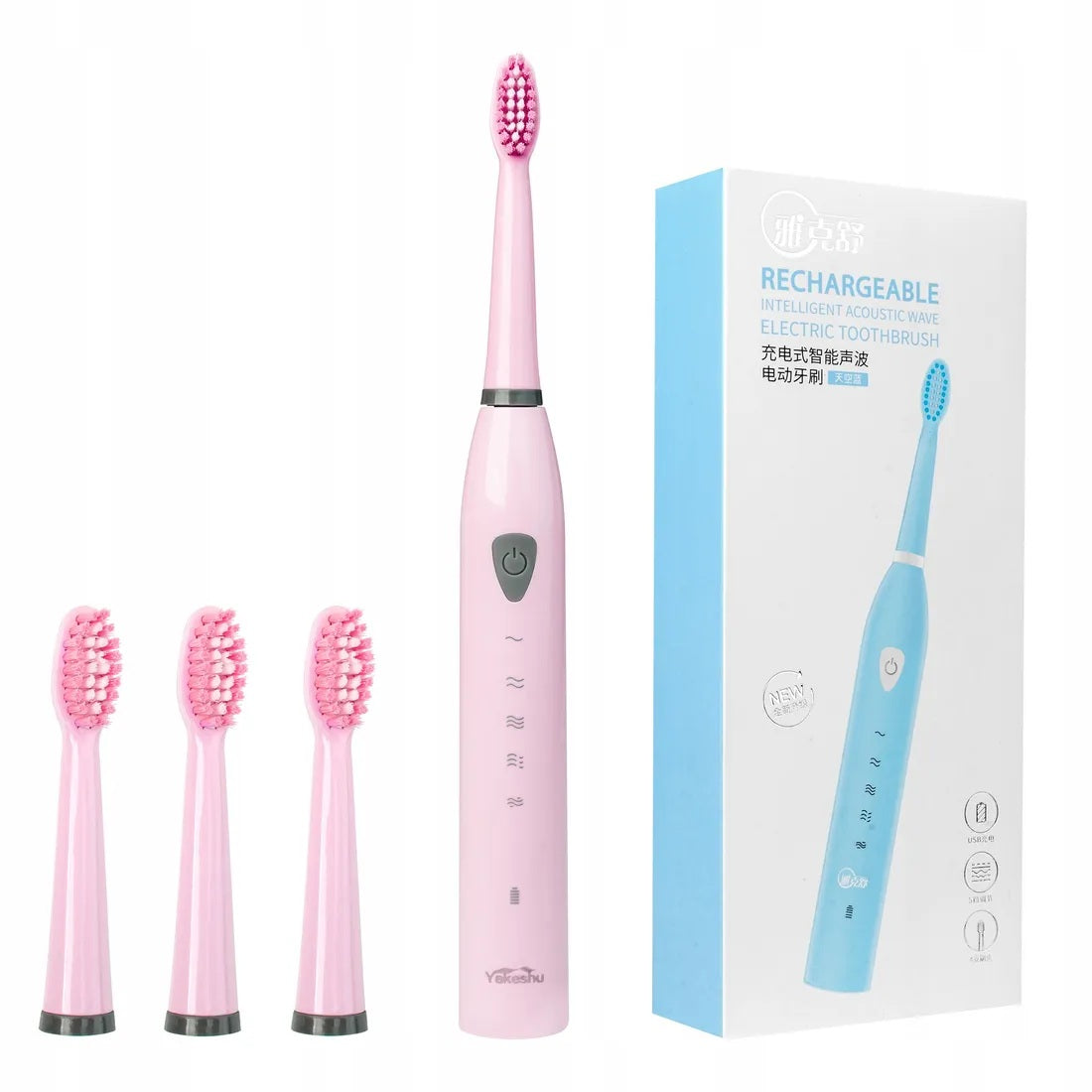 Electric Sonic Toothbrush + 4 Tips - Pink