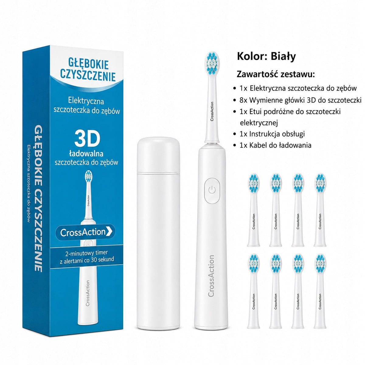 Electric Sonic Toothbrush DEEP CLEAN 8 Tips Case White