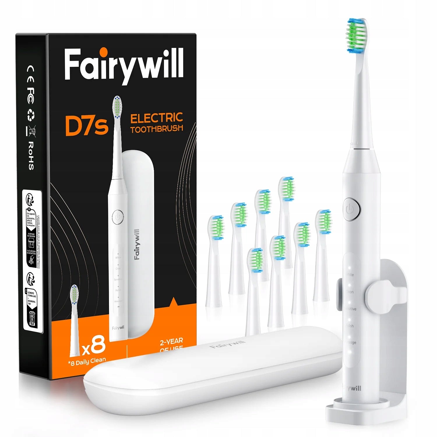 Electric Sonic Toothbrush Fairywill White With Case 8 Tips D7s