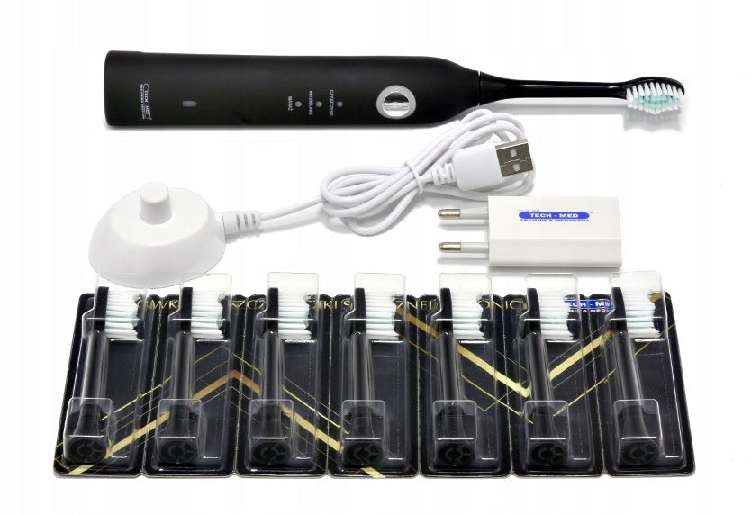Electric Sonic Toothbrush TECH-MED 8 Tips Timer Black TM-SONIC Brand TECH-MED