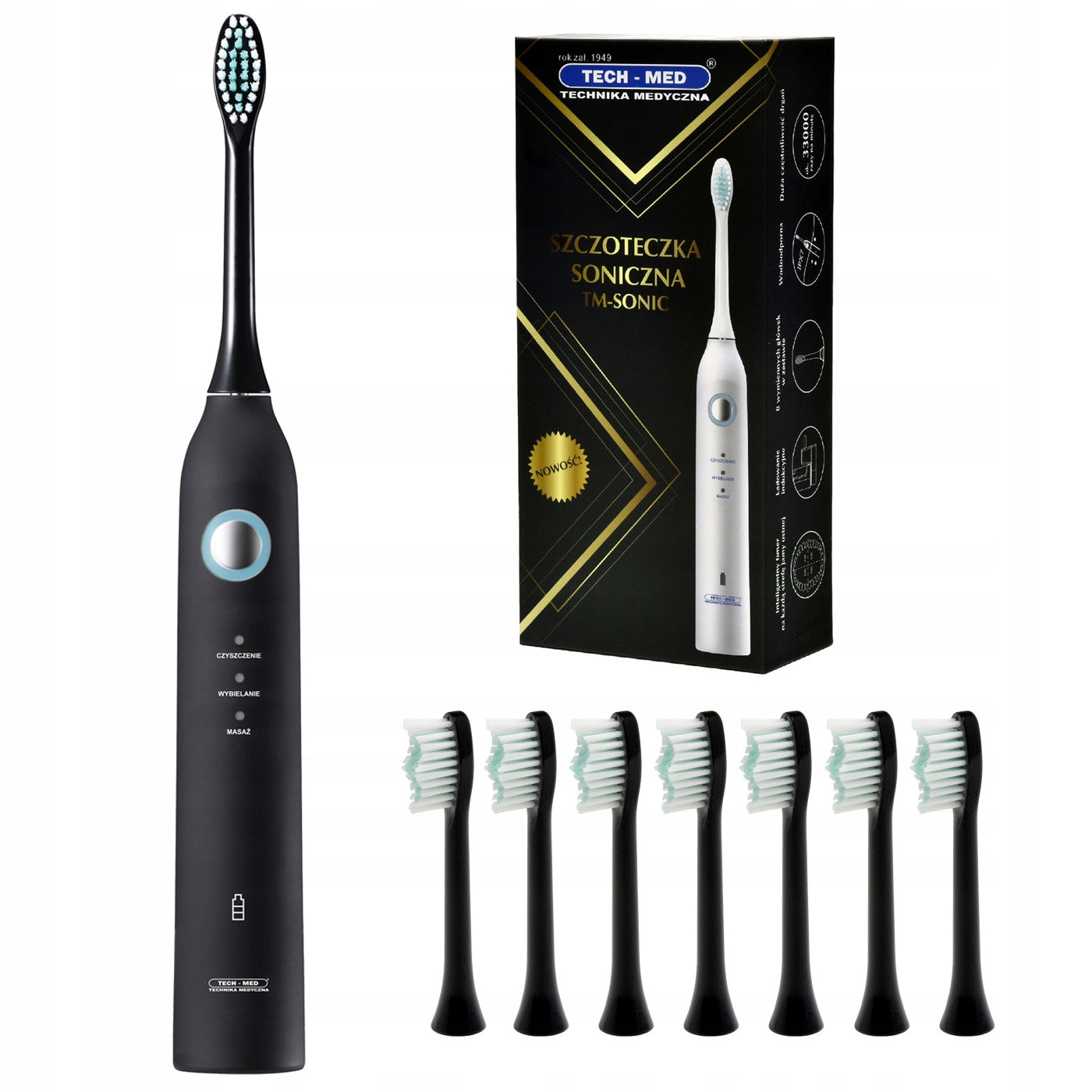 Electric Sonic Toothbrush TECH-MED 8 Tips Timer Black TM-SONIC Manufacturer code SZC_SZCZOTECZKA_TM-SONIC_C
