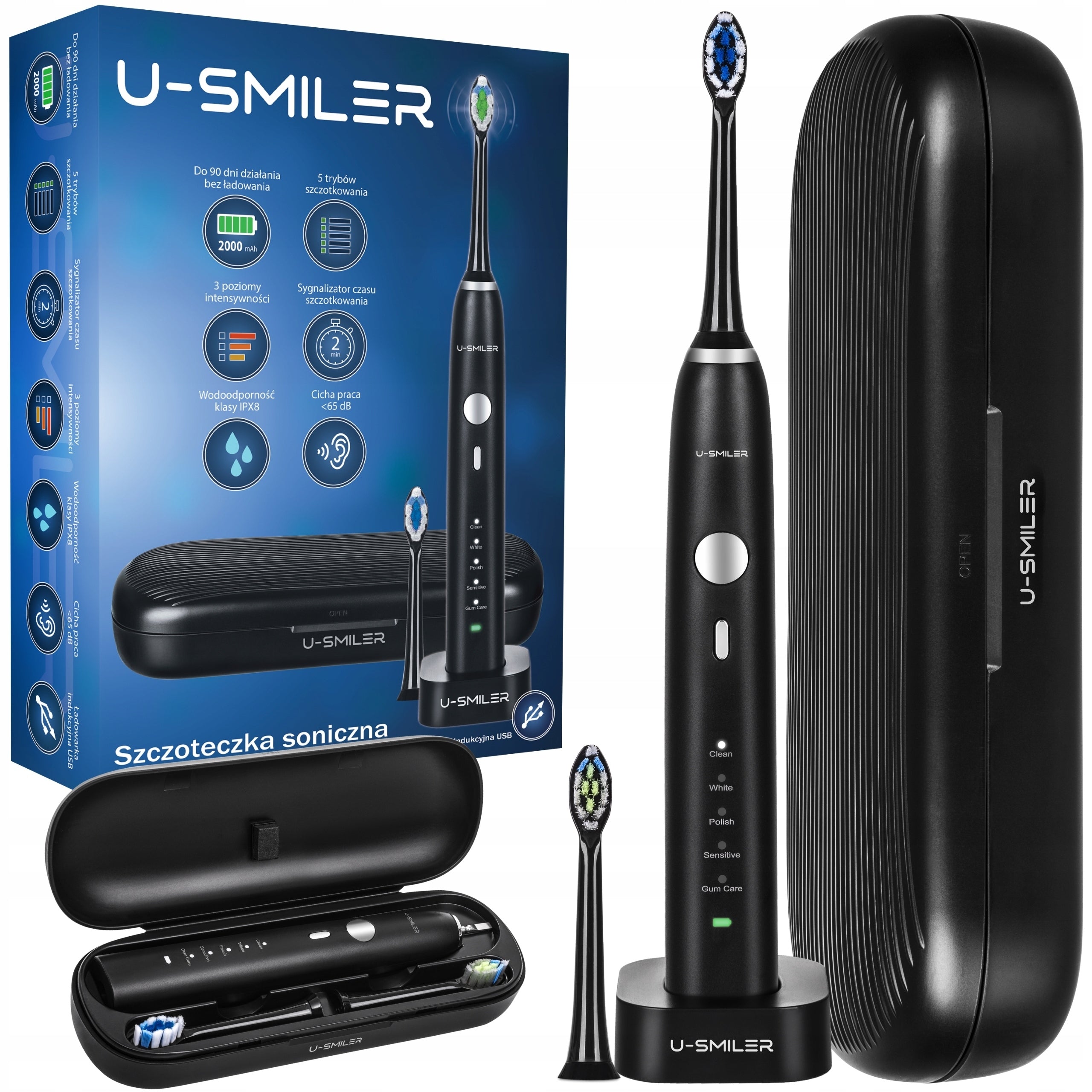 Electric Sonic Toothbrush U-SMILER IPX8 Case 2 Tips Pro Kind toothbrush