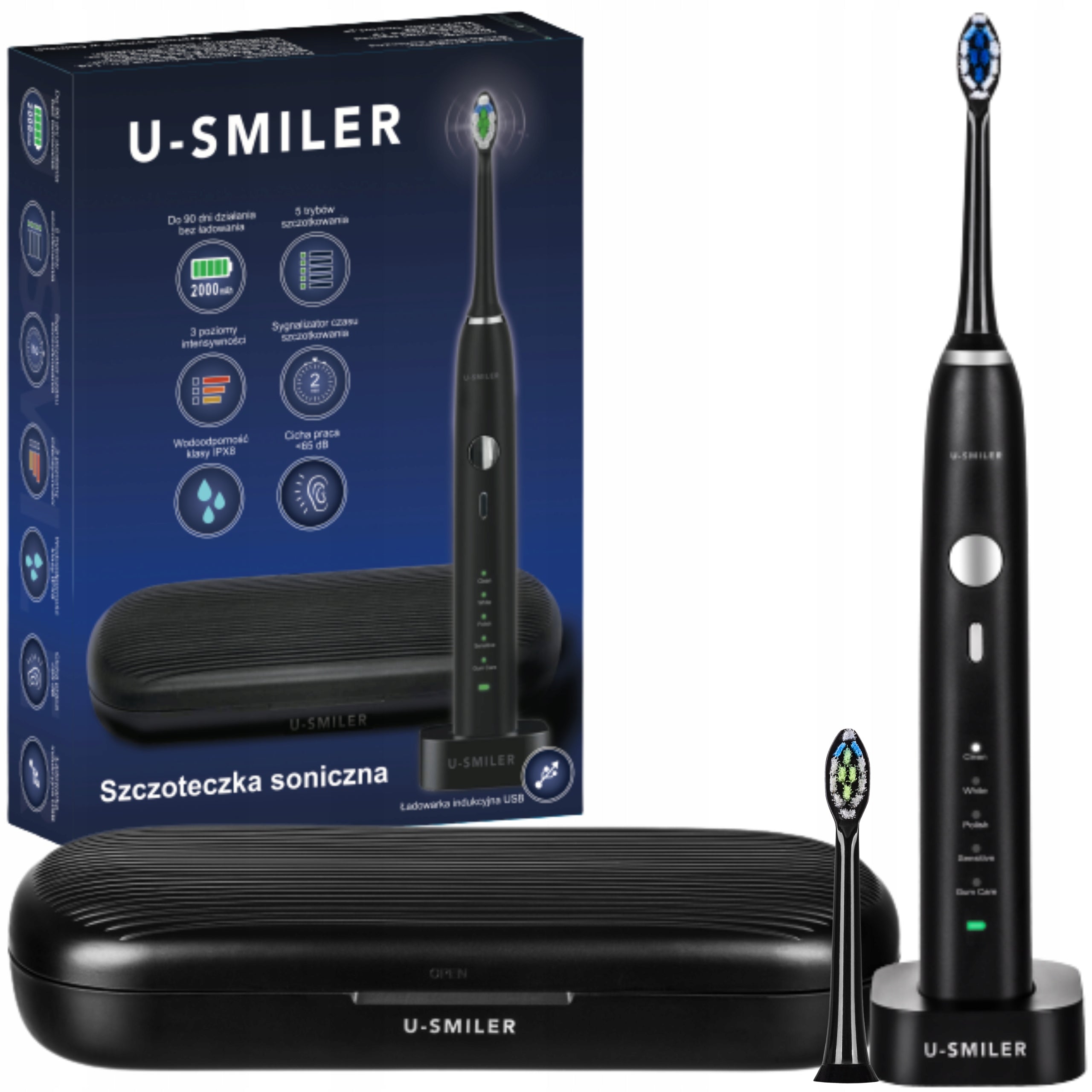 Electric Sonic Toothbrush U-SMILER IPX8 Case 2 Tips Pro