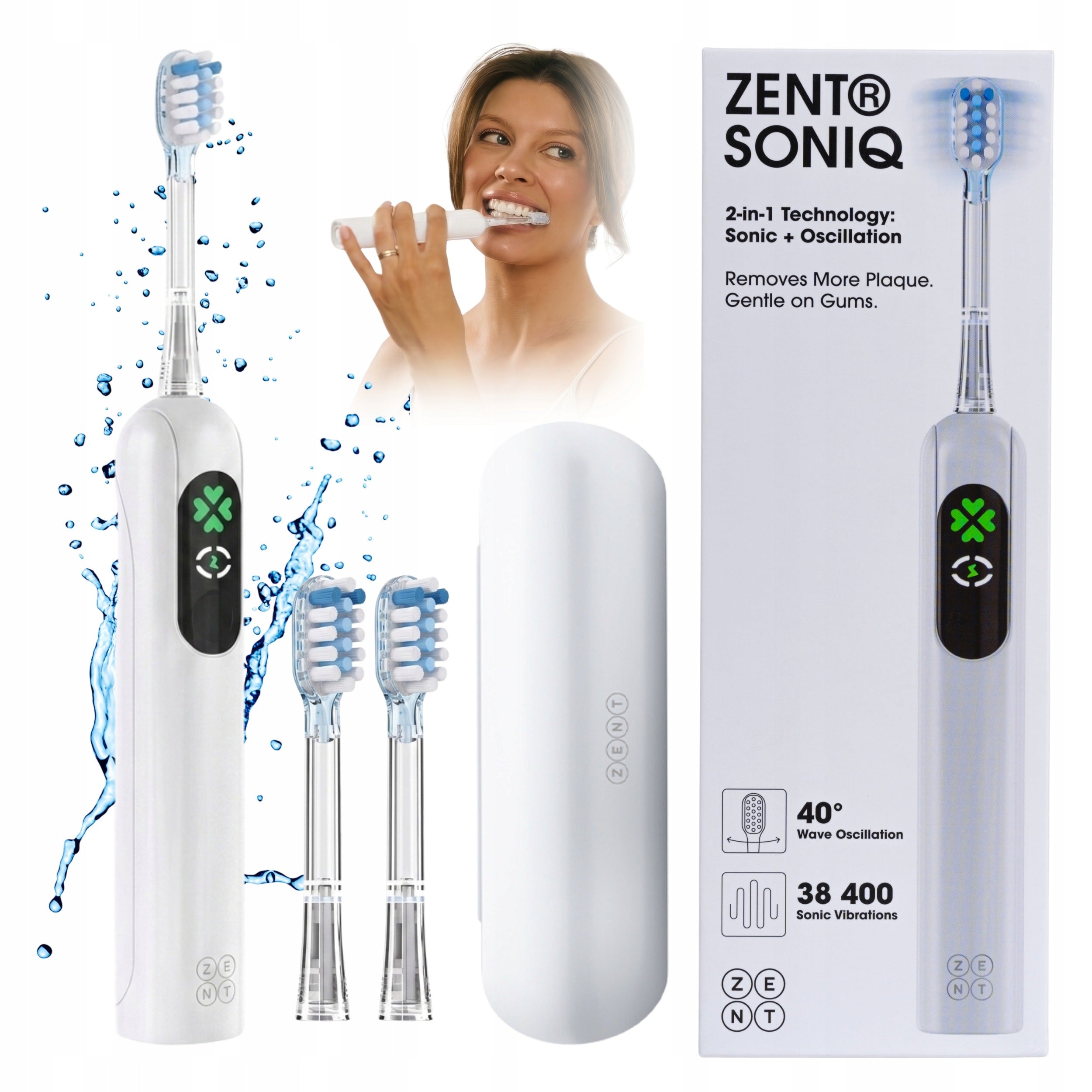 Electric Sonic Toothbrush White + Case 2x Tips 4 Modes