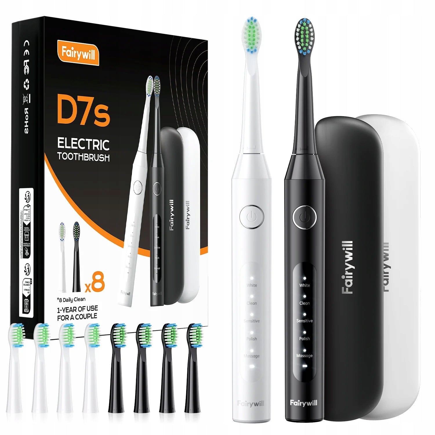 Electric Sonic Toothbrushes x2 Tips Case Set D7s