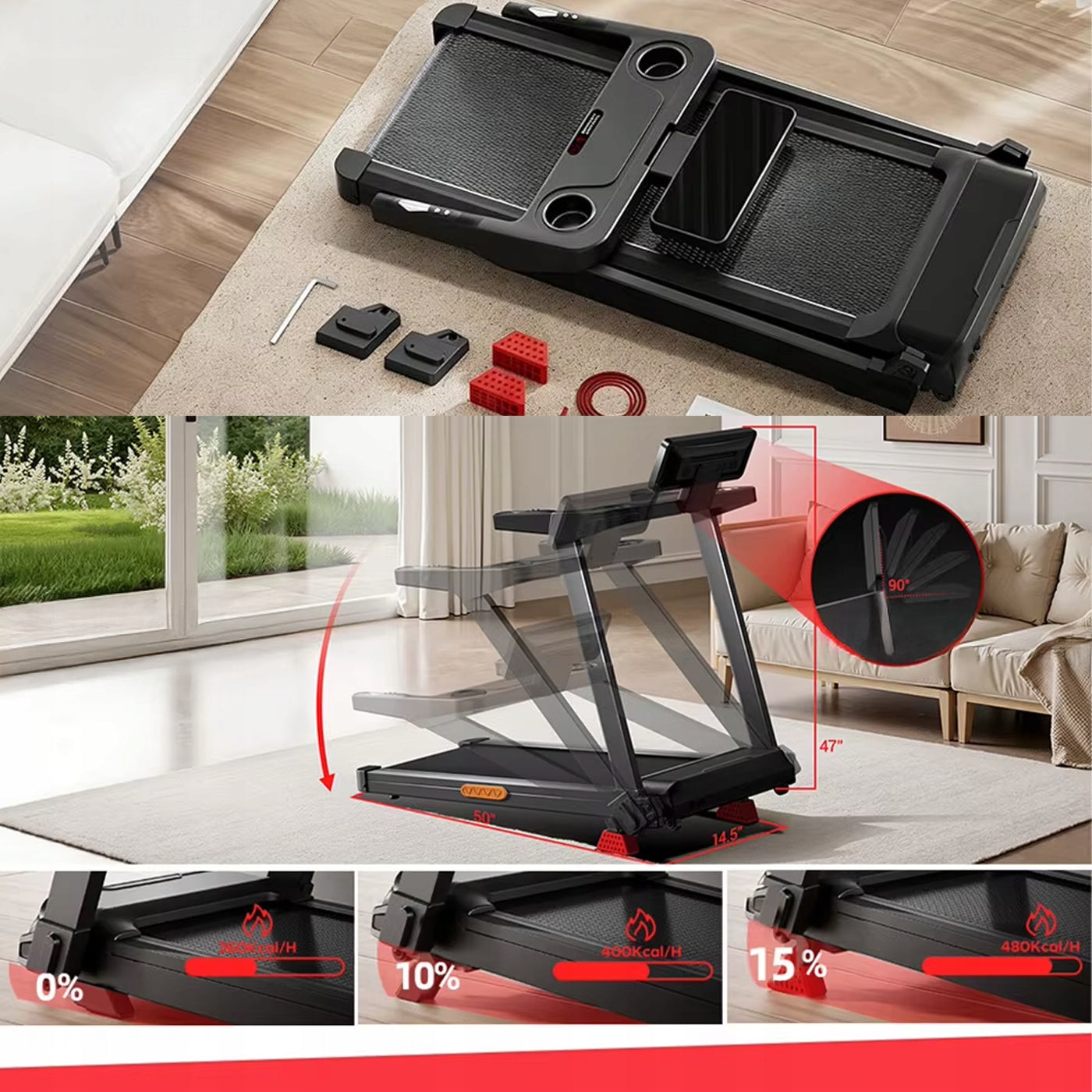 Electric Treadmill 180kg 14km/h 3.5HP Incline 15% Folding Quiet Measurements training duration speed pulse