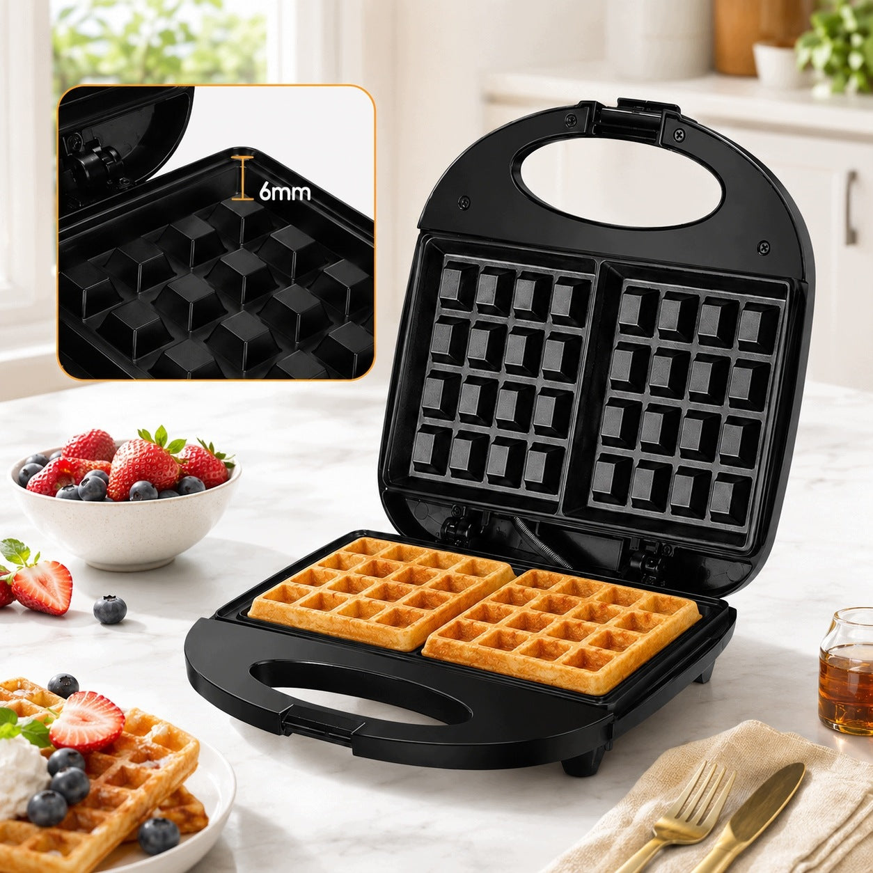 Electric Waffle Maker 750W 2 Waffles Compact Nonstick Coating Packaging status original
