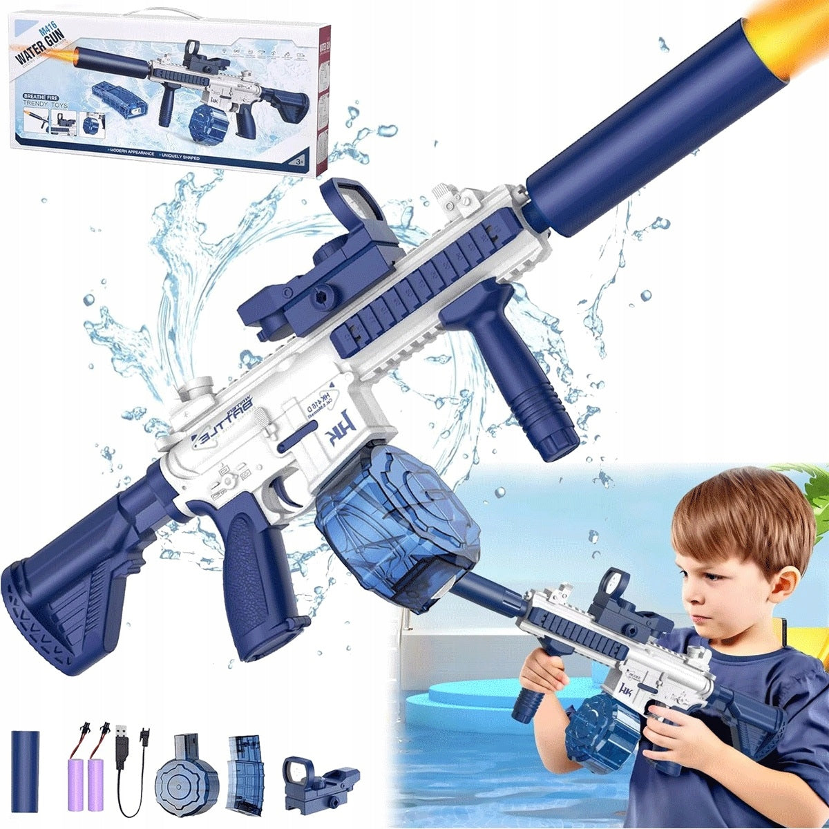 Electric Water Gun With LED Long Range Strong Stream Blue Packaging status original