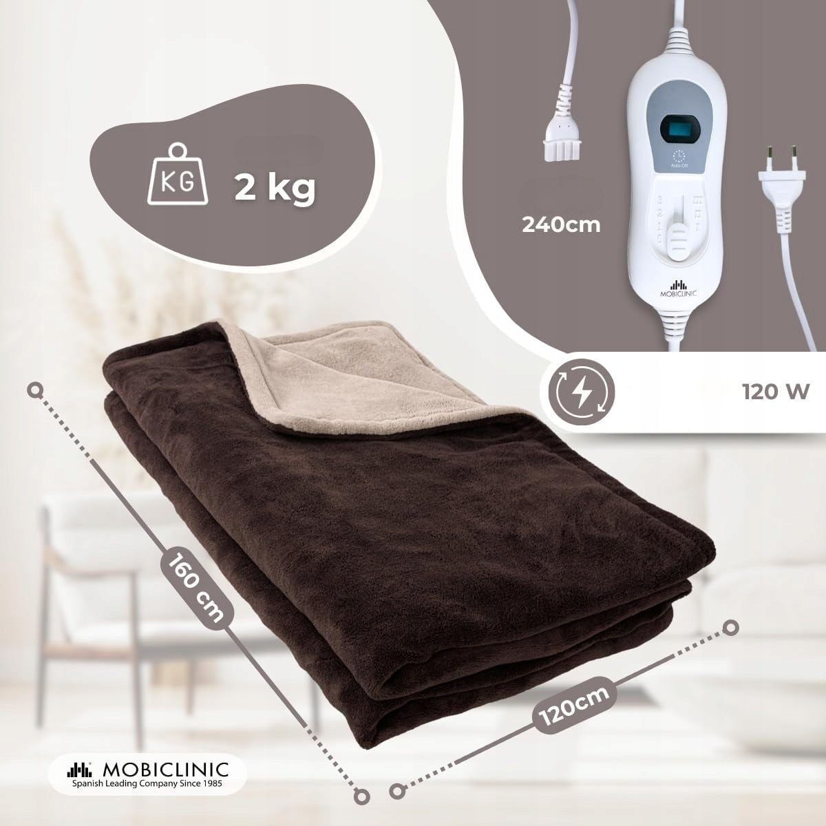 Electric blanket 160x120 cm 120W brown 3 levels of heating auto switch Medical device no