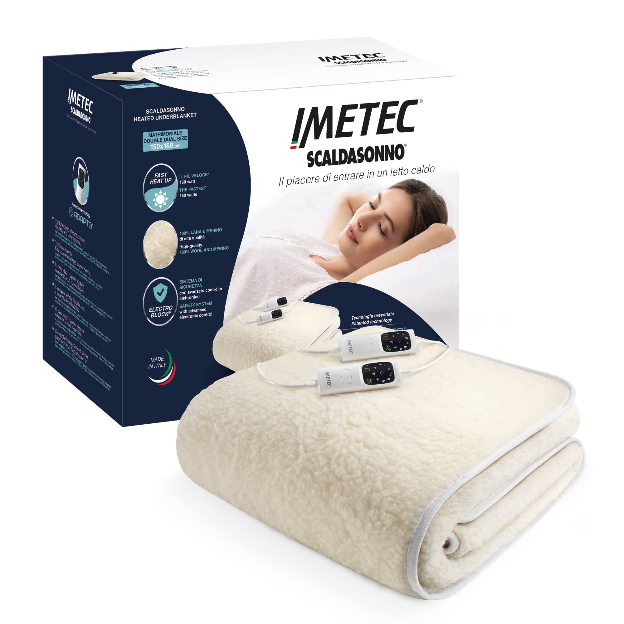 Electric blanket Imetec Adapto R1506 white 2x150W 150x160cm merino wool