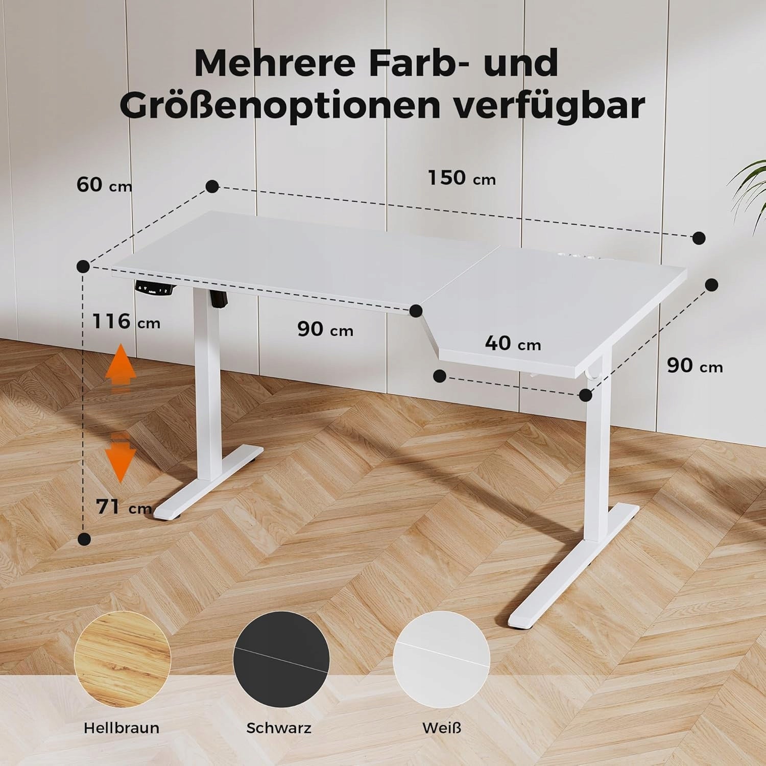 Electric desk 150x60 cm for standing work with adjustable height Manufacturer code E1QW+PR1206-White