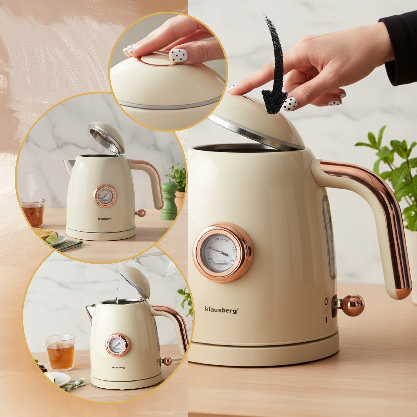 Electric kettle 1.0L Retro thermometer Wireless Klausberg KB-9018 Dominant color beige