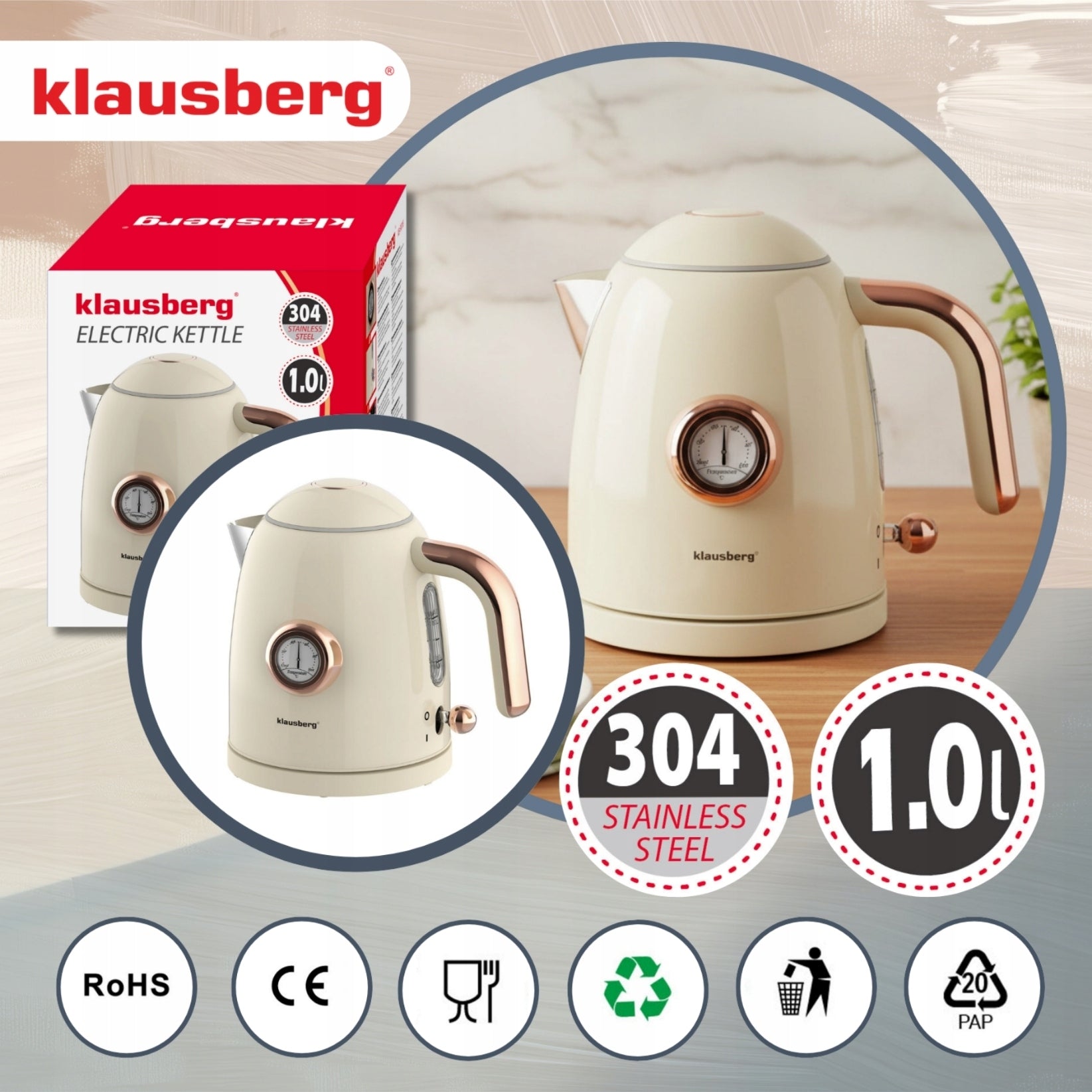 Electric kettle 1.0L Retro thermometer Wireless Klausberg KB-9018 Manufacturer code KB-9018