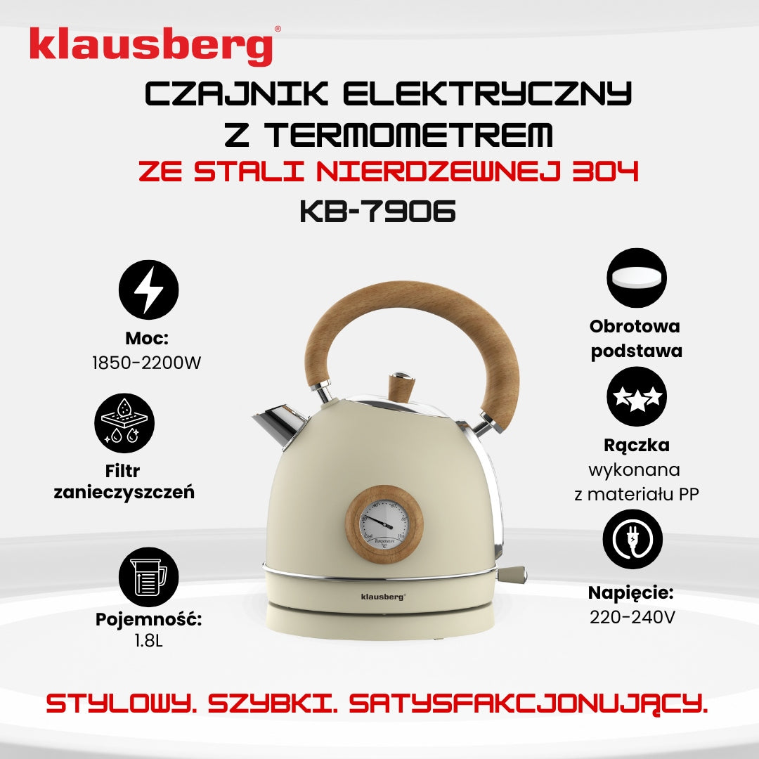 Electric kettle 1,8L Klausberg KB-7906 RETRO with thermometer beige 2200W Manufacturer code KB-7906