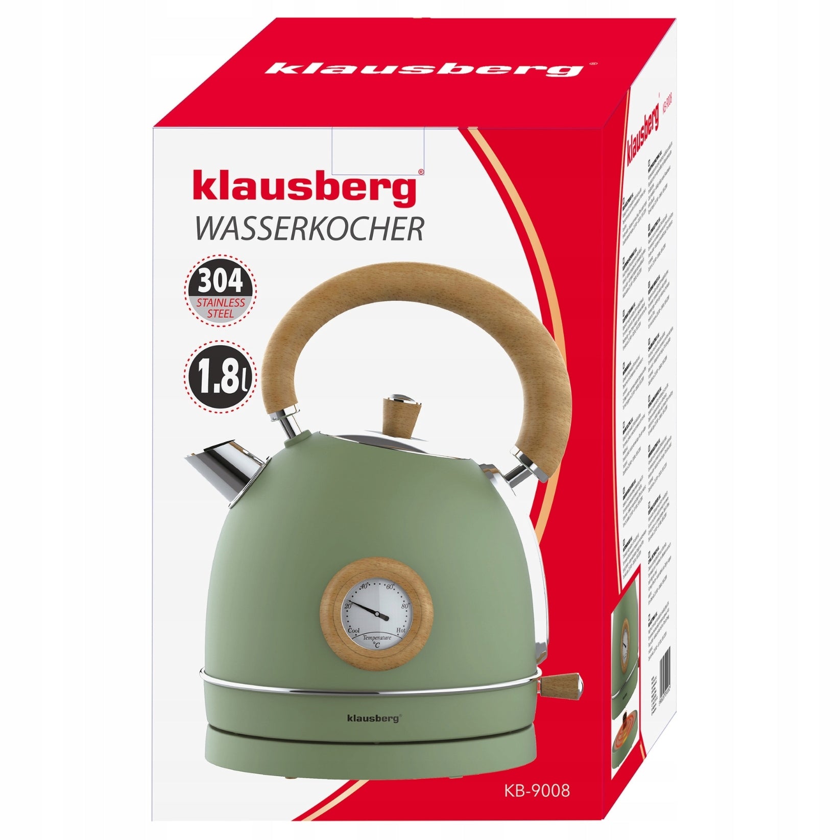 Electric kettle 1.8L steel 304 RETRO Klausberg KB-9008 Green + Wood Capacity 1.8 l