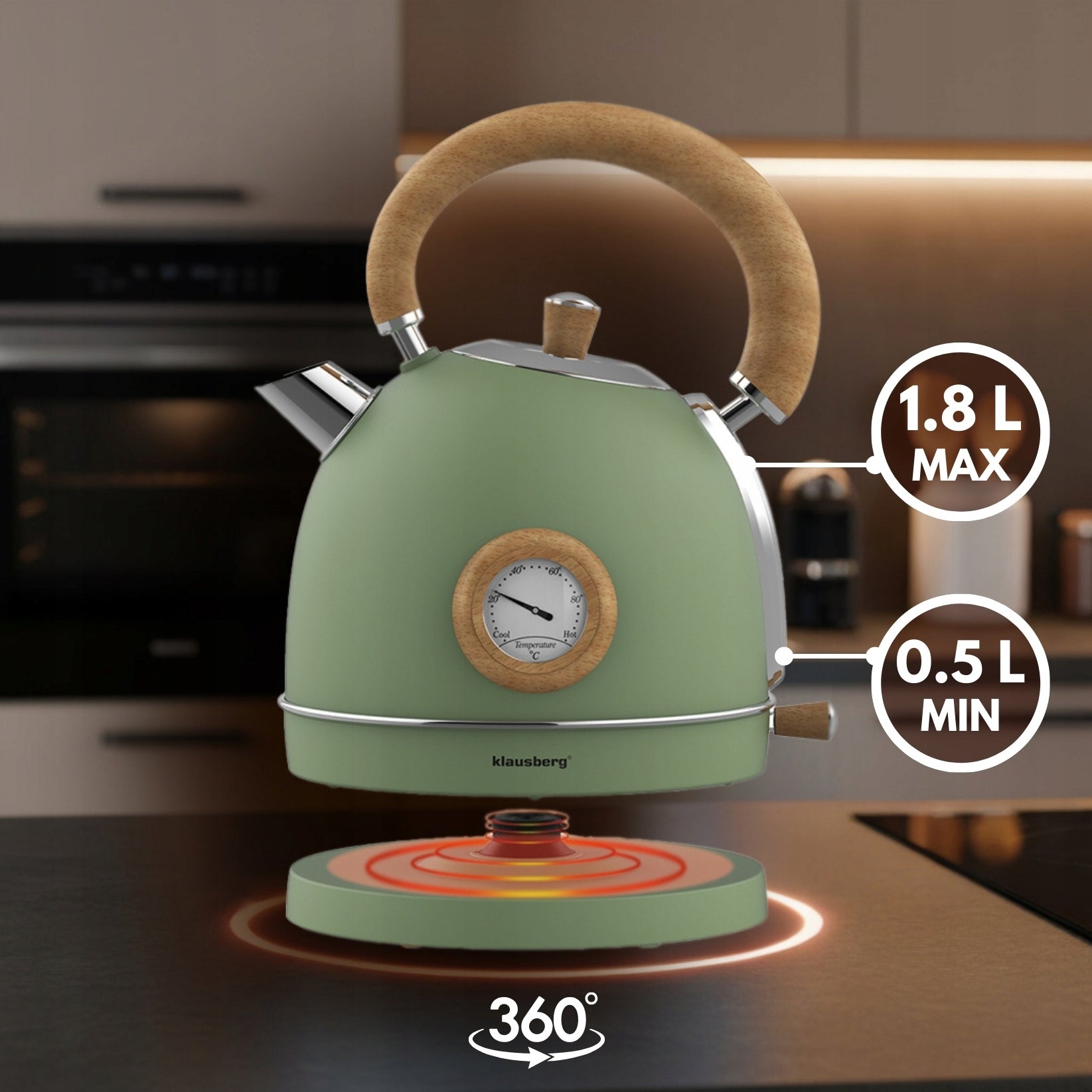 Electric kettle 1.8L steel 304 RETRO Klausberg KB-9008 Green + Wood Dominant color green