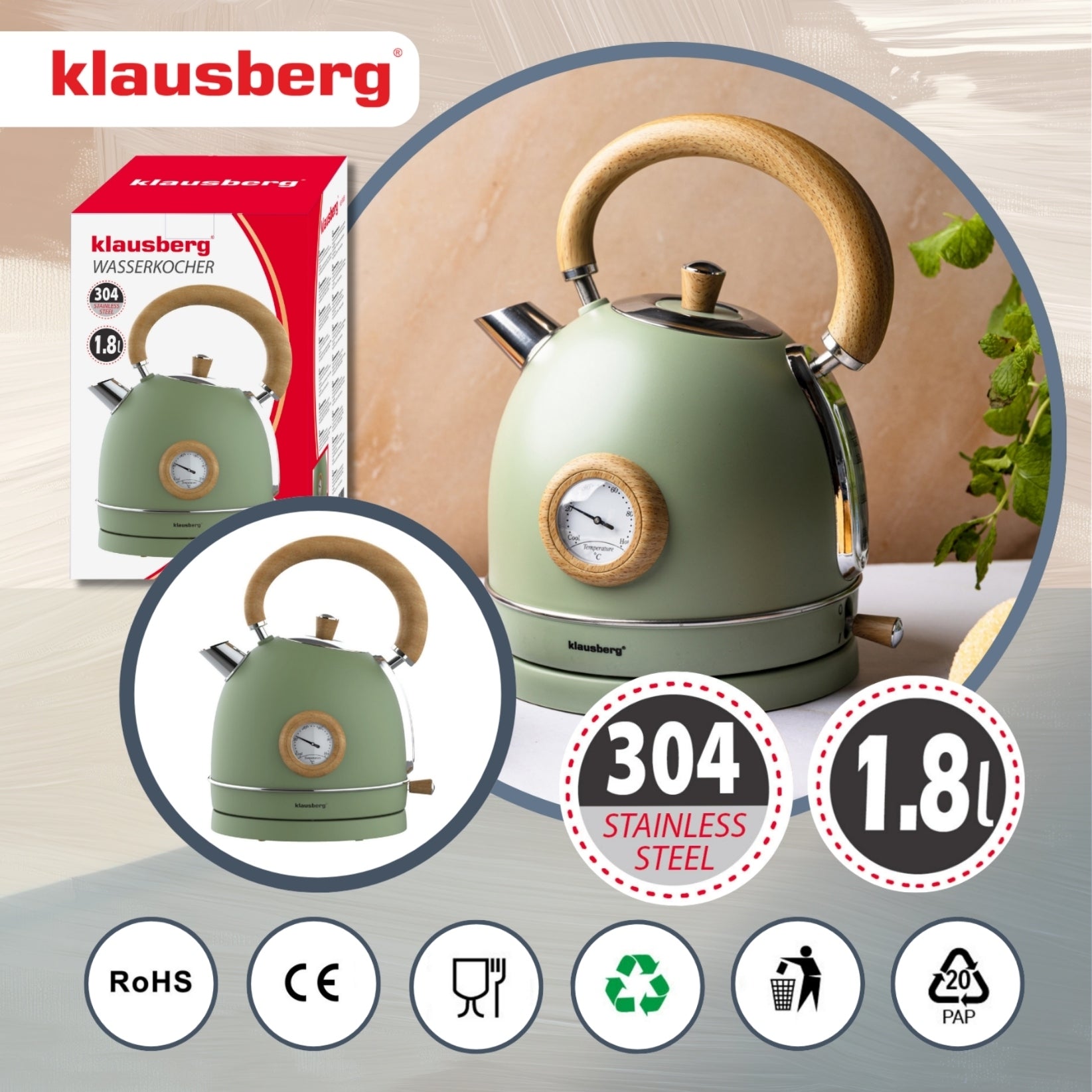 Electric kettle 1.8L steel 304 RETRO Klausberg KB-9008 Green + Wood Manufacturer code KB-9008