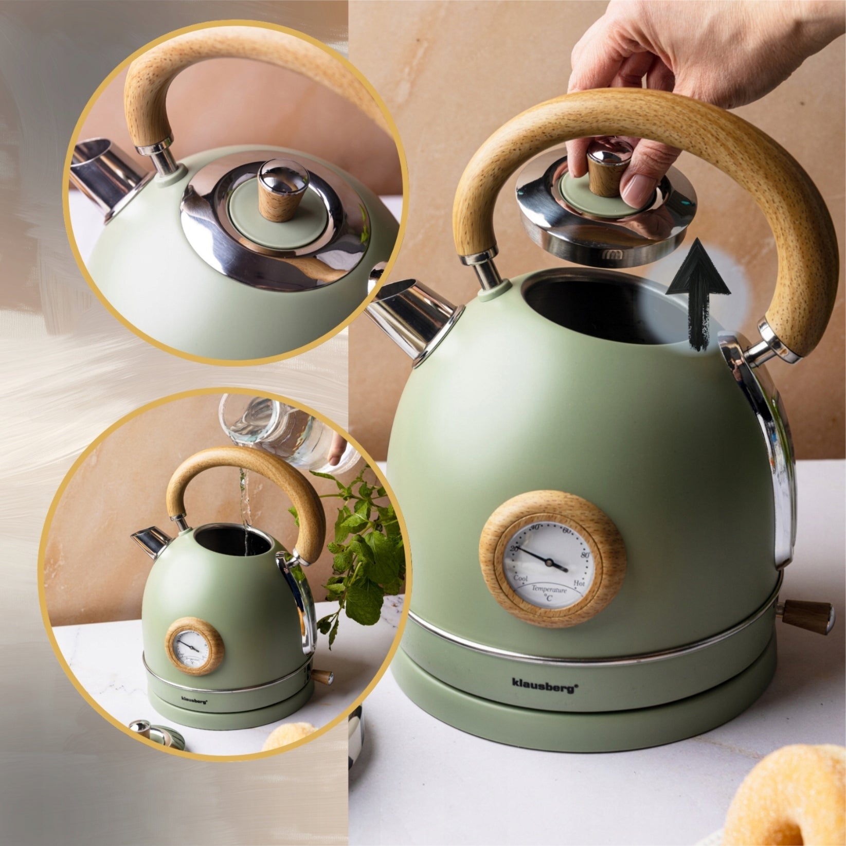 Electric kettle 1.8L steel 304 RETRO Klausberg KB-9008 Green + Wood Power 2200 W