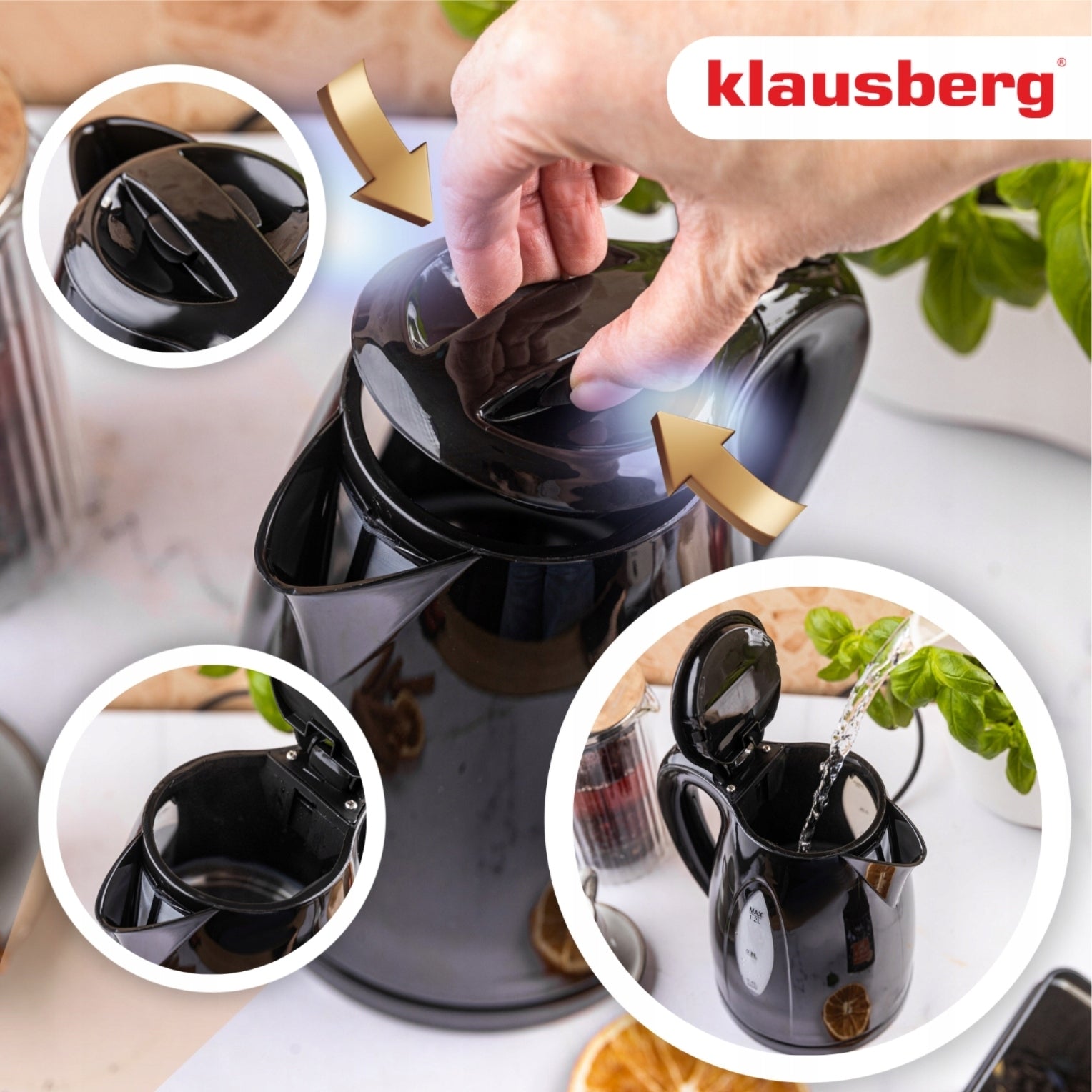 Electric kettle KLAUSBERG KB-9001 1.2L black fast cooking Manufacturer code KB-9001