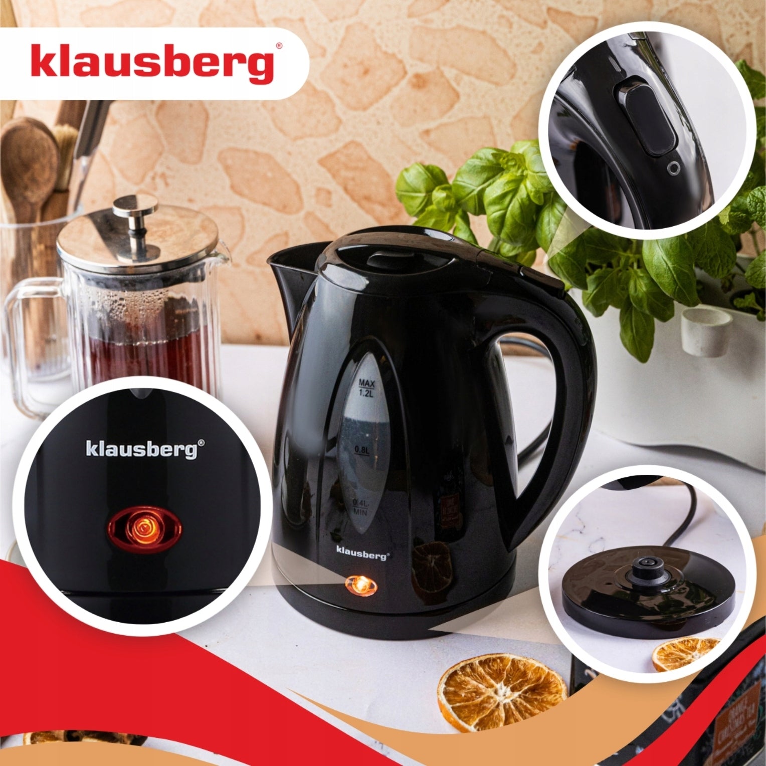 Electric kettle KLAUSBERG KB-9001 1.2L black fast cooking Power 1100 W