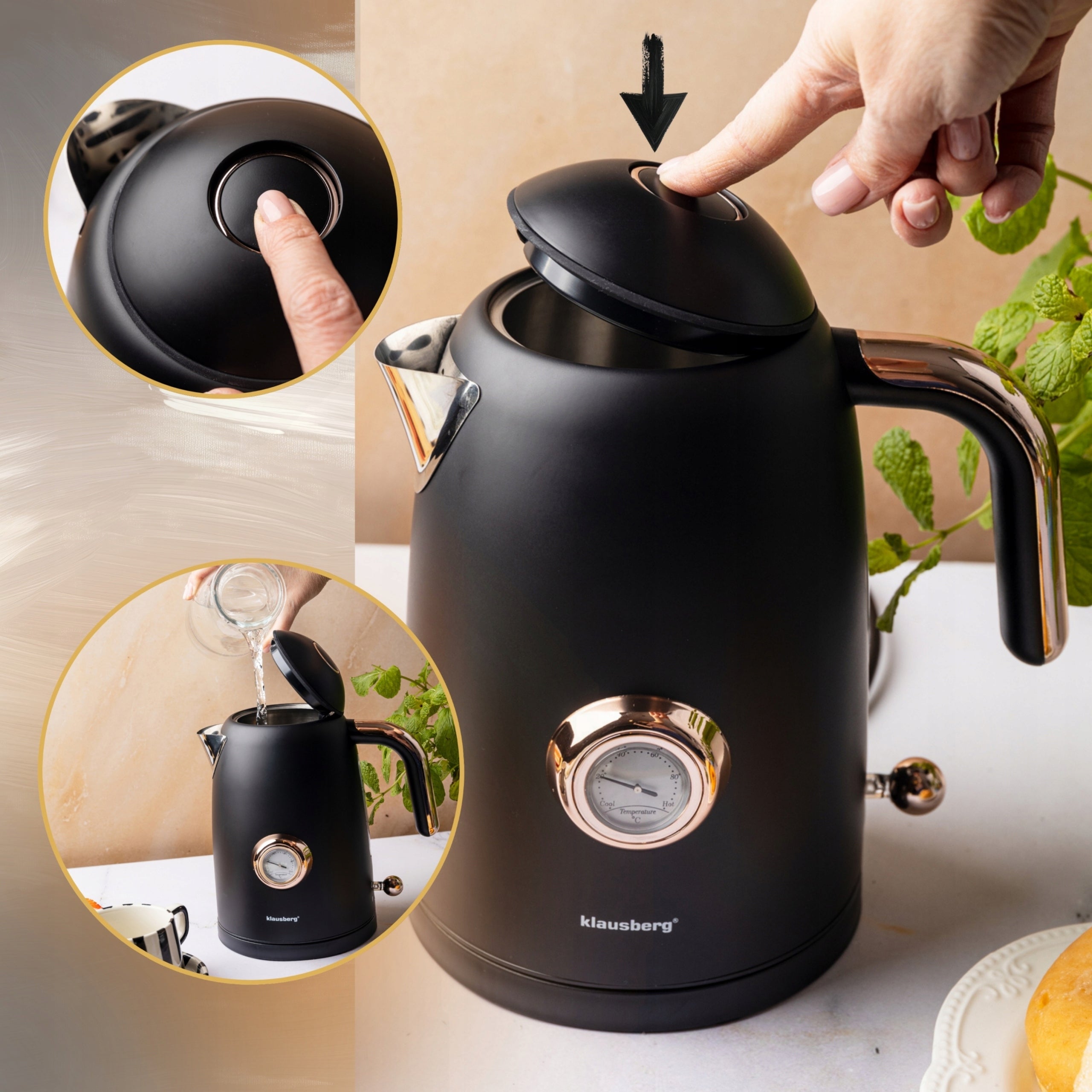 Electric kettle KLAUSBERG Retro 1,7L 2200W with thermometer black Power 2200 W