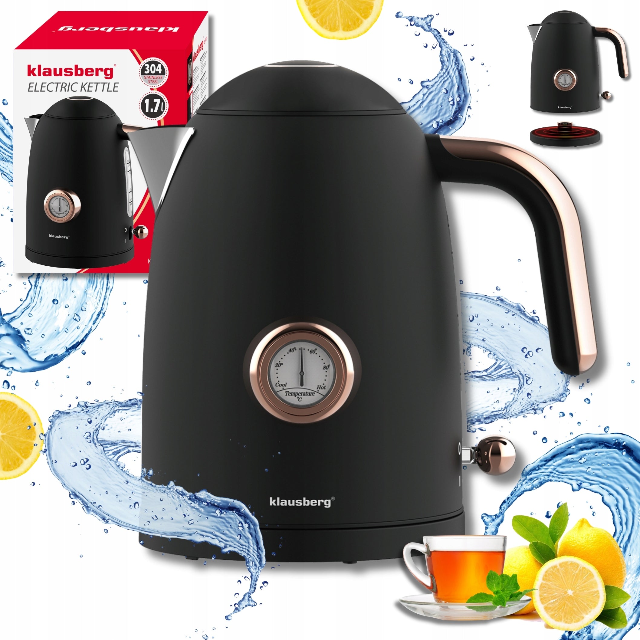 Electric kettle KLAUSBERG Retro 1,7L 2200W with thermometer black