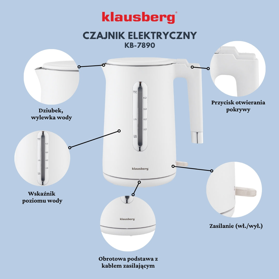 Electric kettle Klausberg KB-7890 1.7L steel 304 white filter 2200W Capacity 1.7 l