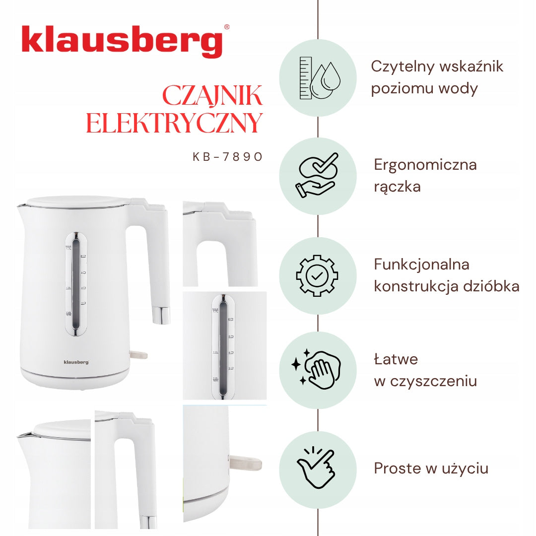 Electric kettle Klausberg KB-7890 1.7L steel 304 white filter 2200W Model KB-7890