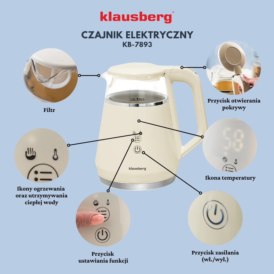 Electric kettle Klausberg KB-7893 glass LED 1L Temperature programs Capacity 1 l