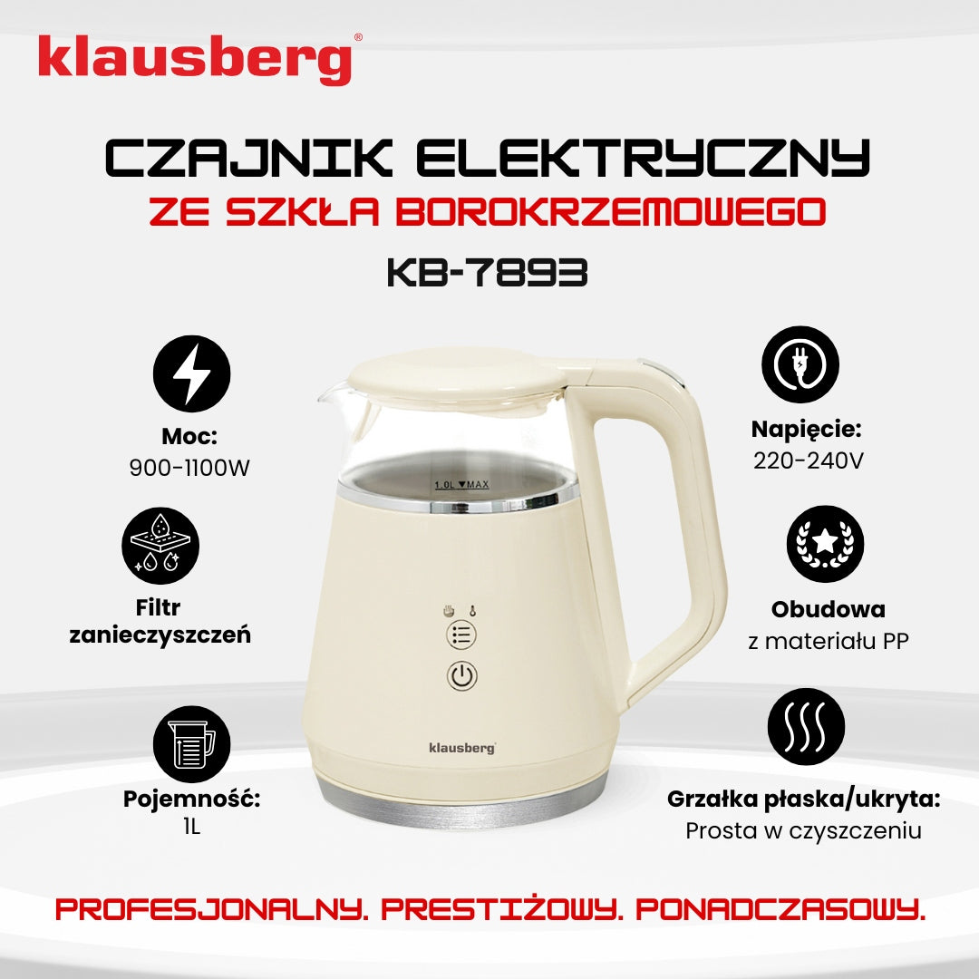 Electric kettle Klausberg KB-7893 glass LED 1L Temperature programs Model KB-7893