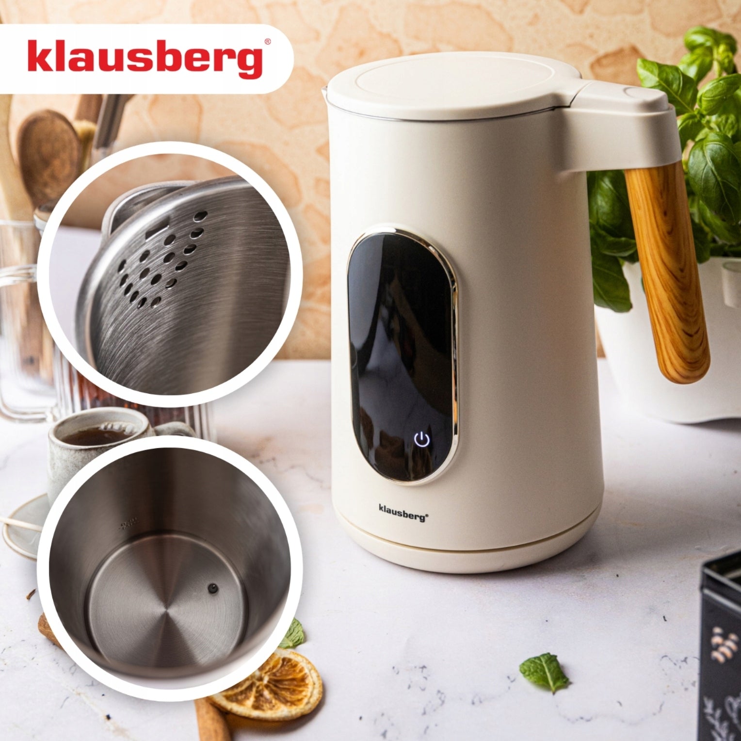 Electric kettle Klausberg KB-9005 1,7L LED touch adjustment tem Programs Dominant color beige