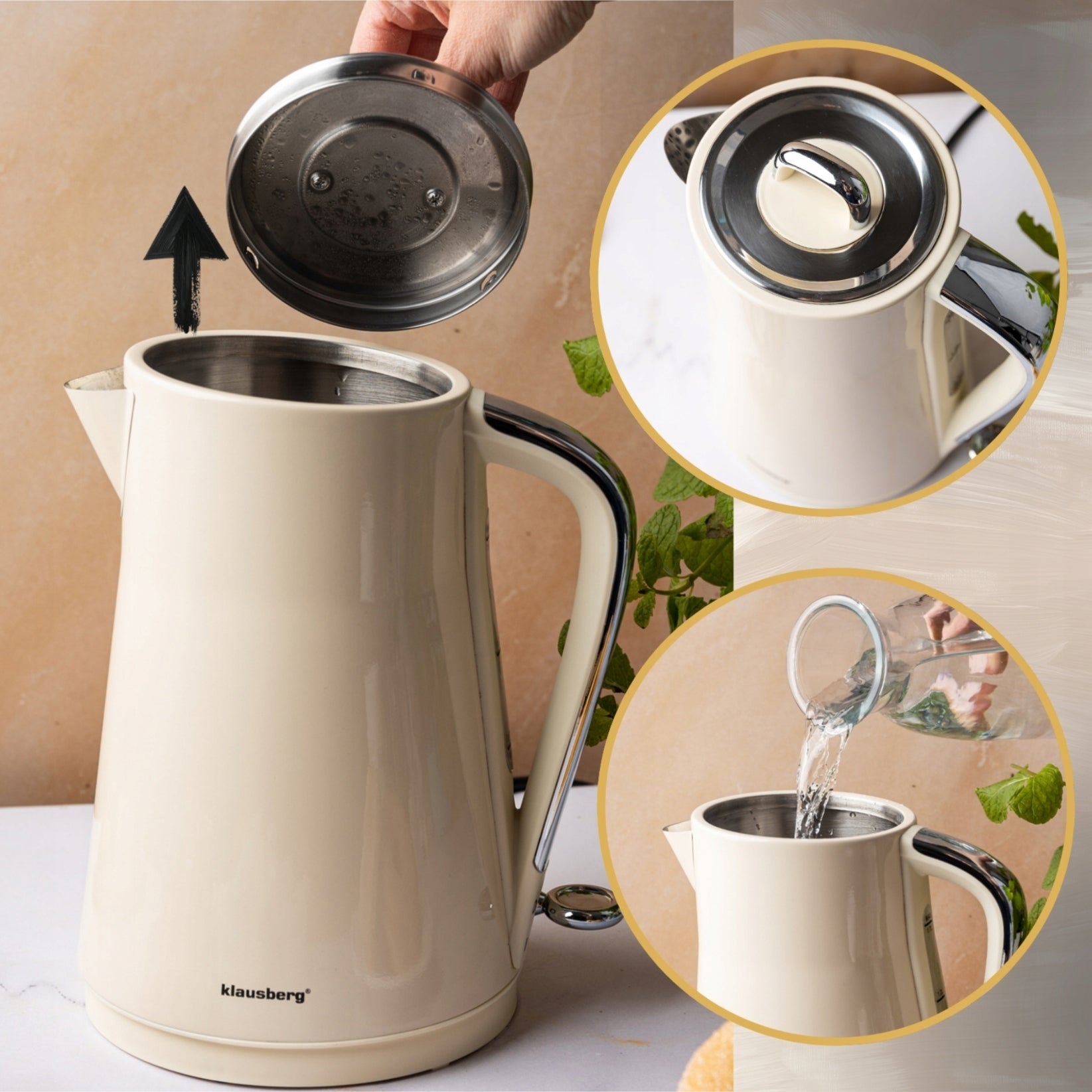 Electric kettle Klausberg KB-9016 1.7L stainless steel 304 Cream Power 2200 W