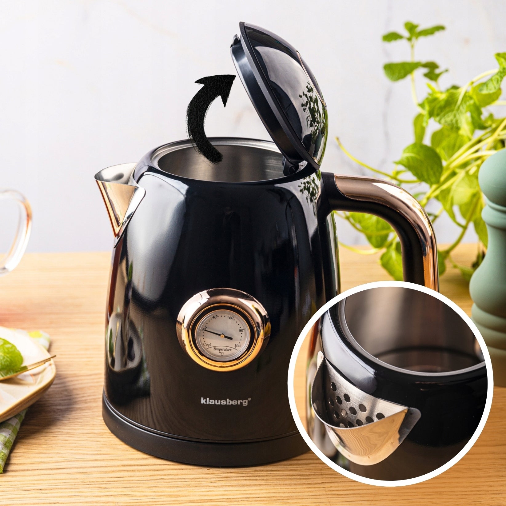 Electric kettle Klausberg KB-9017 1.0L Retro thermometer Wireless Dominant color black