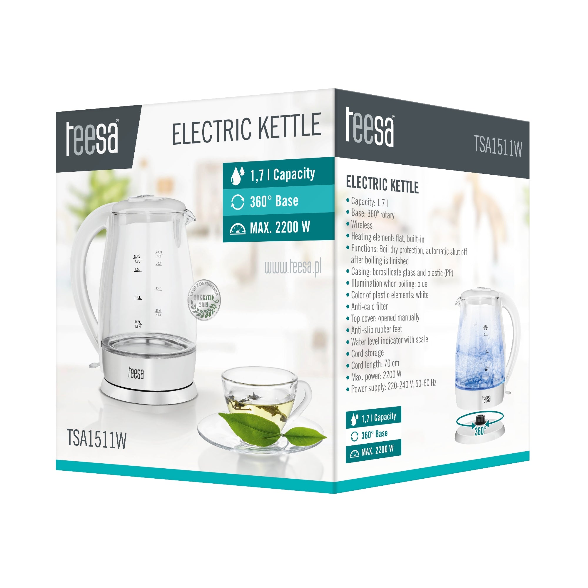 Electric kettle Teesa TSA1511W 2200 W 1,7 l white Brand Teesa