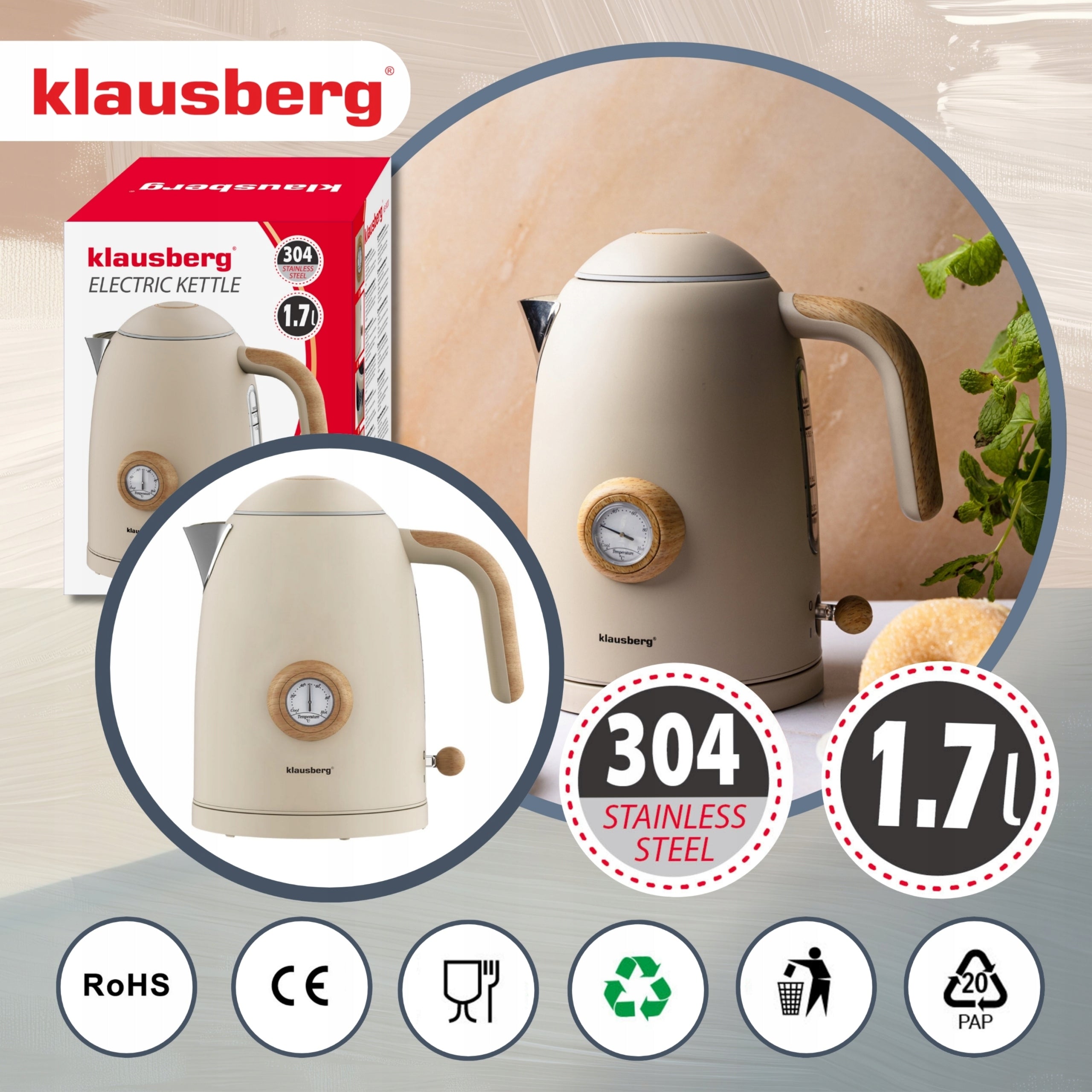 Electric kettle Wireless 1.7L steel 304 retro Thermometer Klausberg Brand Klausberg