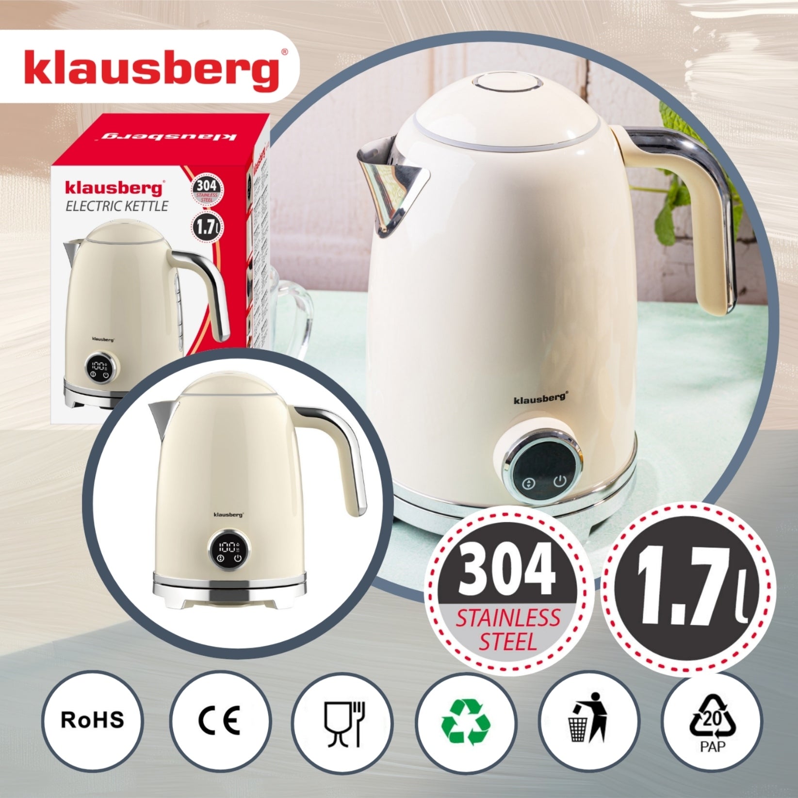 Electric kettle Wireless Thermometer 1,7L LED steel 304 KLAUSBERG Manufacturer code KB-9028
