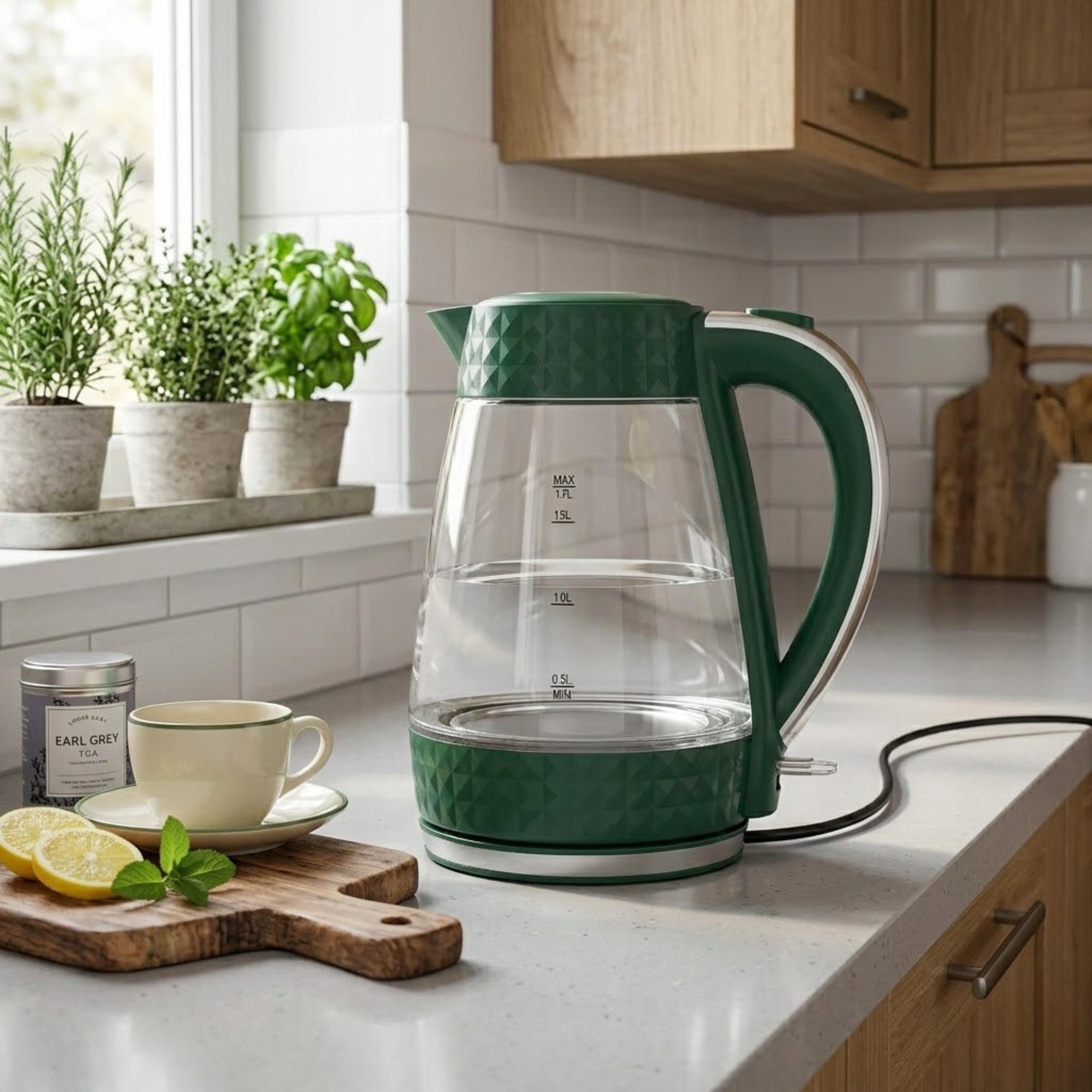 Electric kettle glass wireless quiet Łucznik 1,7L 2200W Green Packaging status original