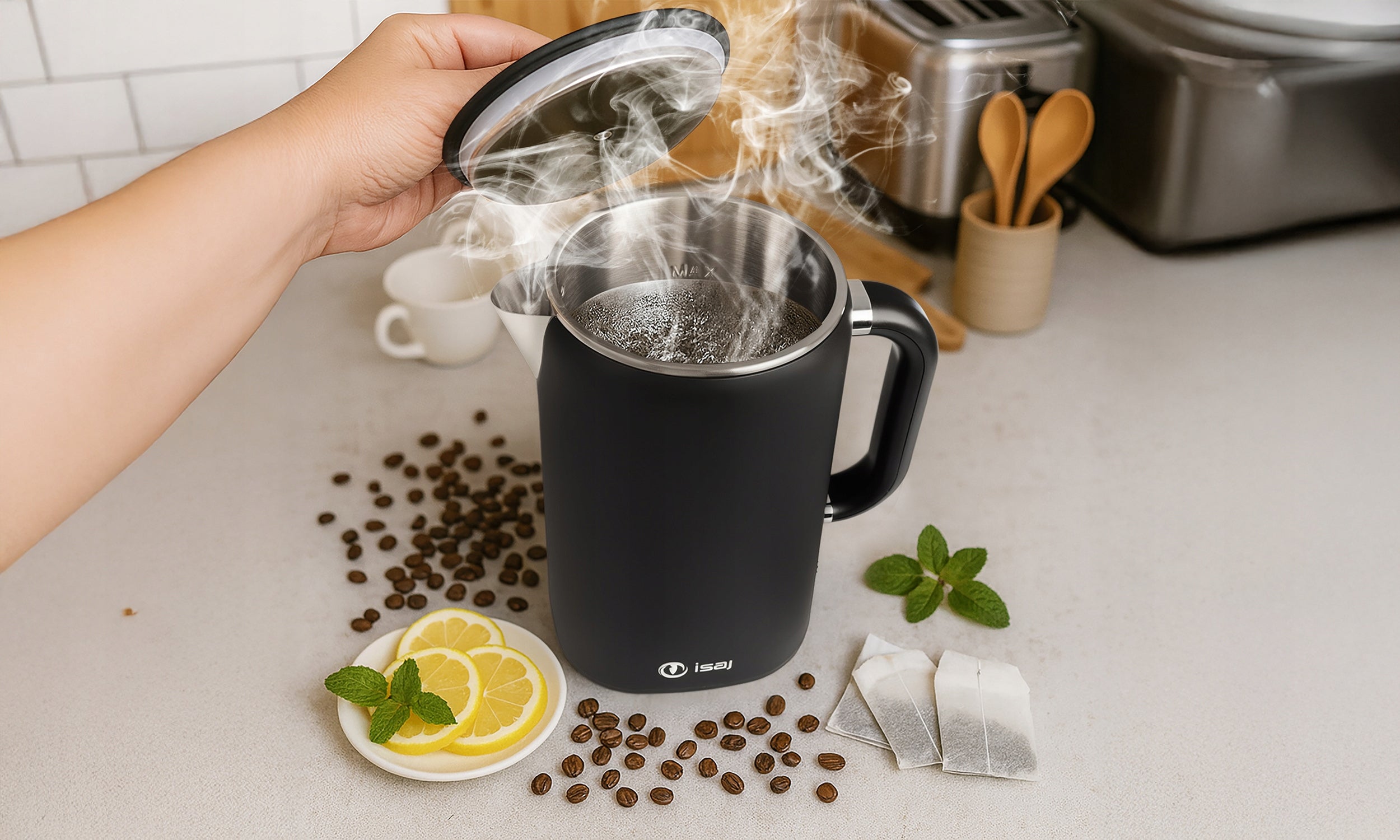 Electric kettle with temperature control 1.7L 1500W ISAJ KT1 Model Czajnik elektryczny z regulacją temperatury KT1