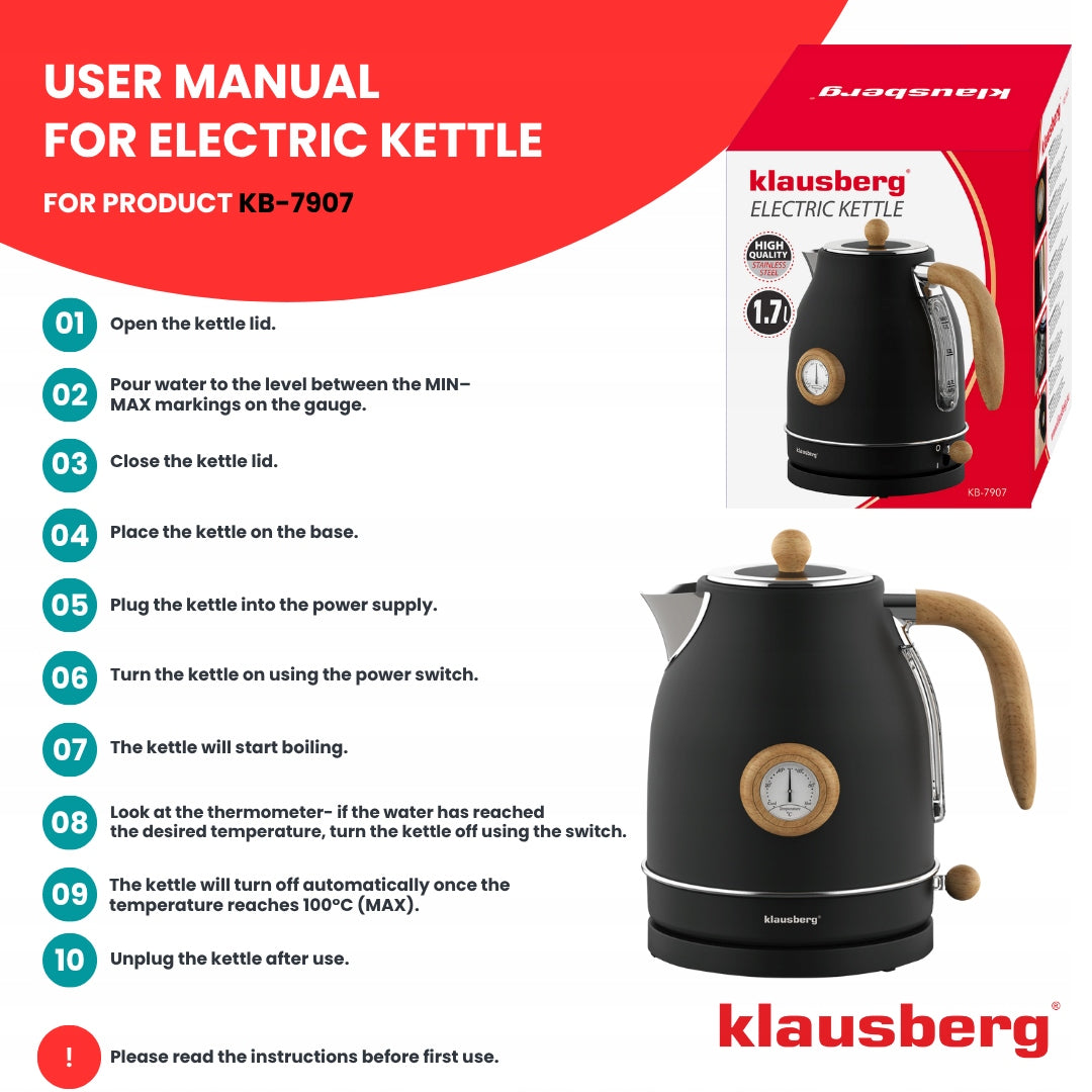 Electric kettle with thermometer stainless steel black 1,7L Material metal synthetic material