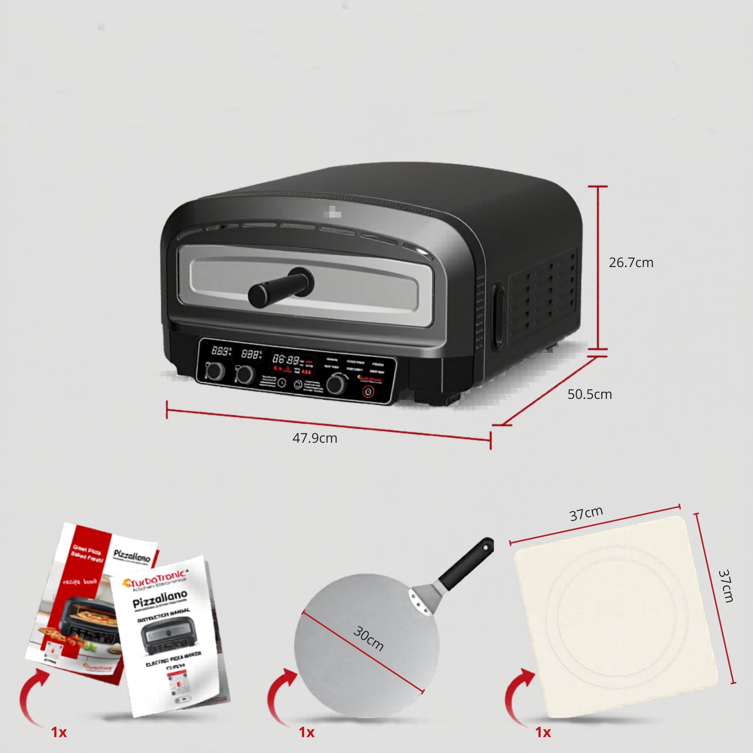 Electric pizza oven 2200 W 450°C with chamotte stone 37 cm shovel Dominant color black