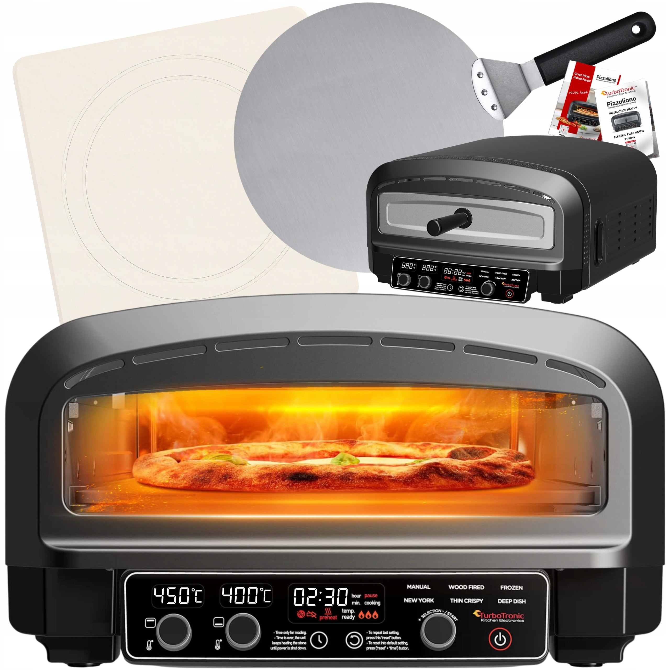 Electric pizza oven 2200 W 450°C with chamotte stone 37 cm shovel